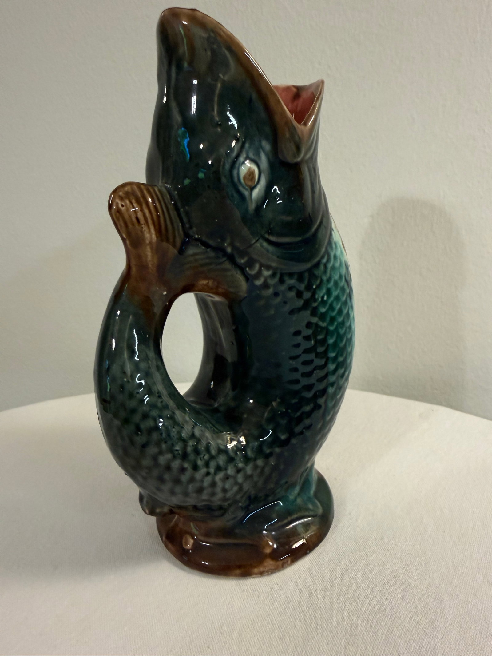 Early 20th Century Majolica Gurgling Fish Antique Pitcher - 5