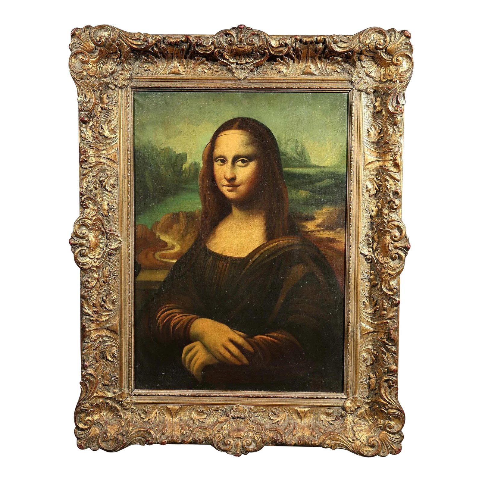 Mid 20th Century Mona Lisa - After Leonardo: Leonardo Copy Oil on canvas 27.5" x 19.75" frame: 36.5" x 28.75" Mona Lisa. Illegible signature on verso Condition: Alterations: Unknown Imperfections: Some Imperfections Condition Notes: Good