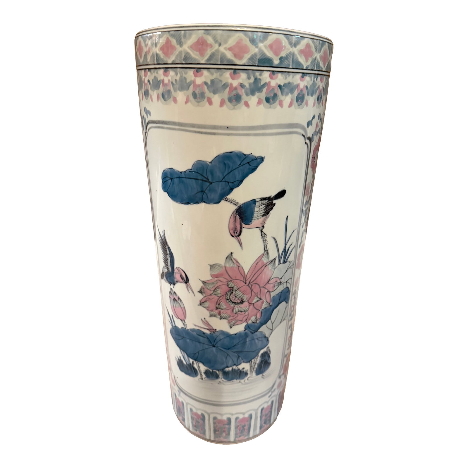 Vintage Ethan Allen 24" Chinoiserie Blue & Pink Umbrella Stand With Silver Trim: Add a touch of classic grandmillennial elegance to your entryway with this vintage 24-inch ceramic umbrella stand by Ethan Allen. Featuring a striking Chinoiserie-inspired motif, the cream-white