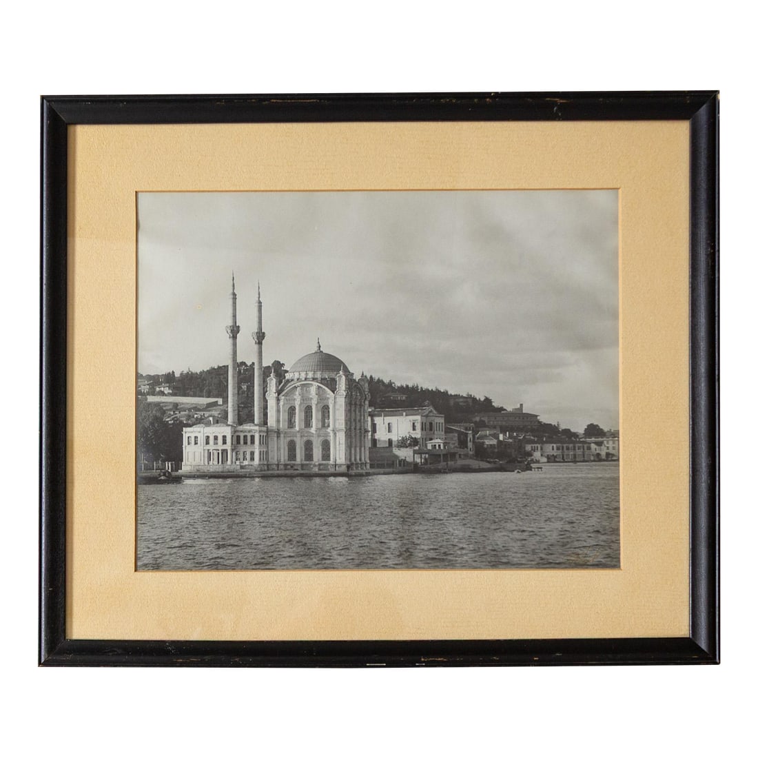 20th Century Black and White Photograph of Ortakoy Mosque in Istanbul Turkey: This original signed and framed black-and-white photograph captures the Ortakoy Mosque on the Bosphorus Strait in Istanbul, Turkey. This Mosque was commissioned by the Ottoman Sultan Abdulmecid and