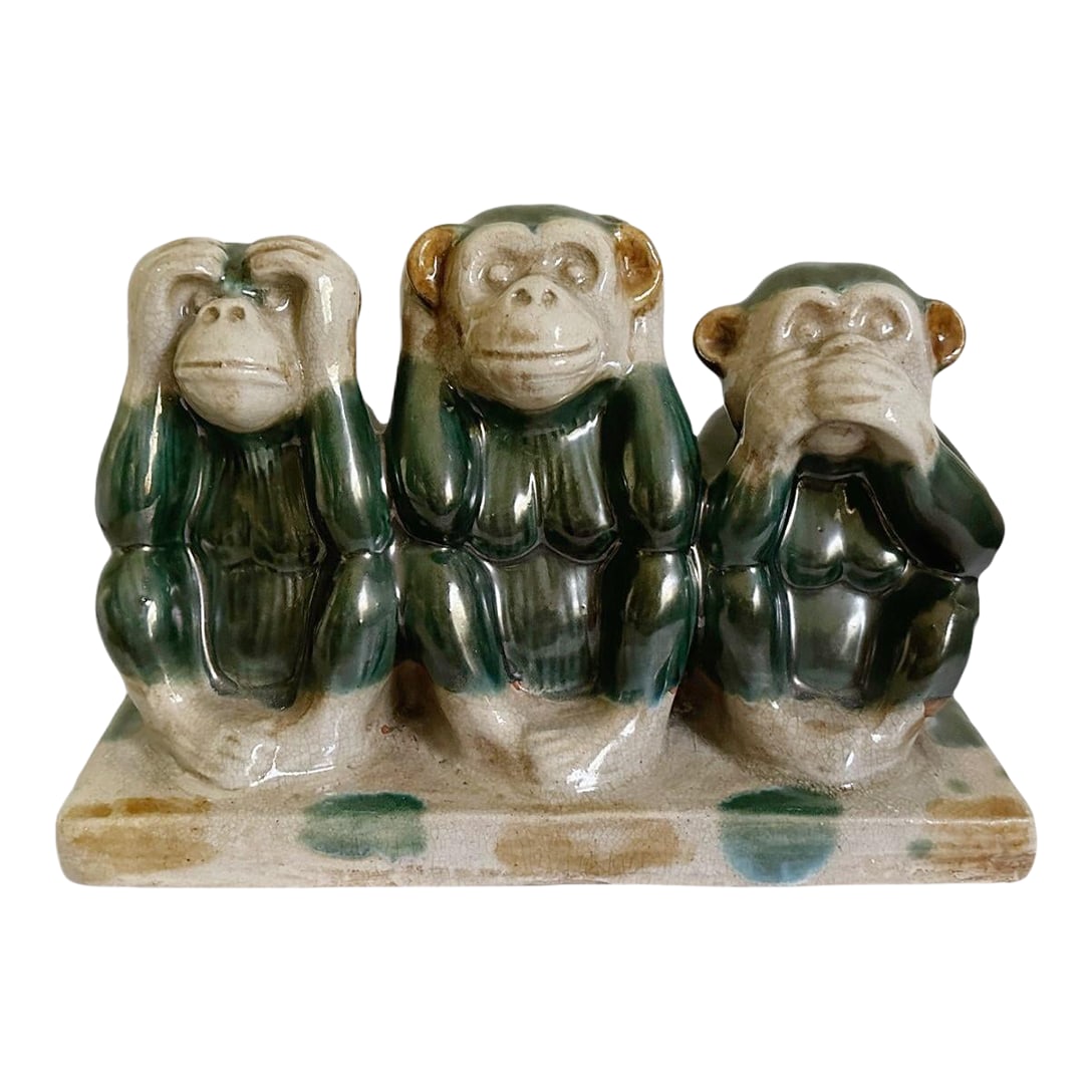 Large Vintage 1930s 3 Monkeys Majolica Pottery Figurine - See Hear Speak No Evil (1 of 6)