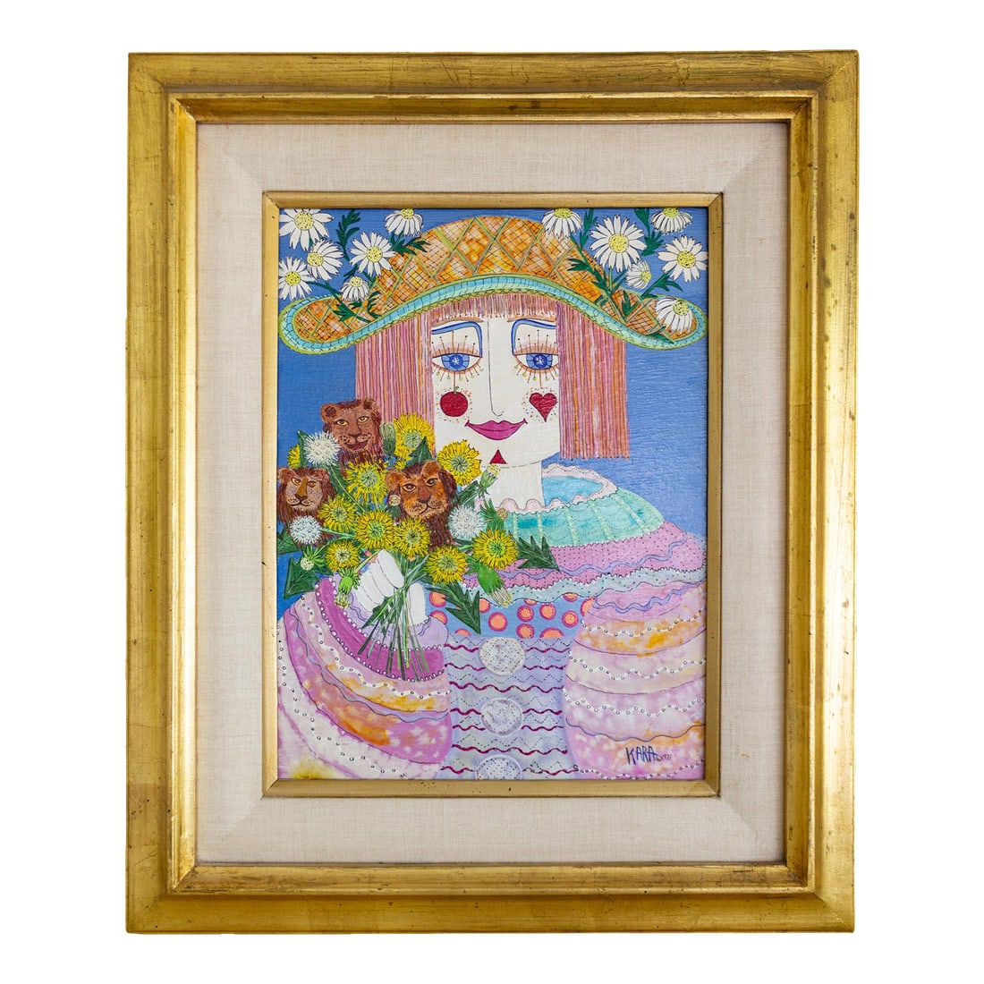Girl With Dandilions and Dandy Lions Painting by Kara Bersani San Francisco 1977: This bright and whimsical 1977 painting by San Francisco artist Kara Bersani depicts a girl in a ruffly dress holding a mixed bouquet of dandelions and 'Dandy Lions' for a playful and imaginative