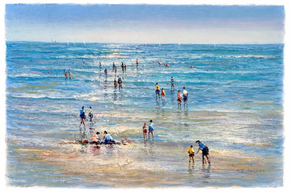 Beach Day Ocean Scene With Figures in Surf, Original Painting by J. Mogan: A beautifully executed original oil painting by J. Mogan depicting beachgoers wading through shallow ocean surf under a luminous coastal sky. Painted with confident, fluid brushwork and a fresh palett