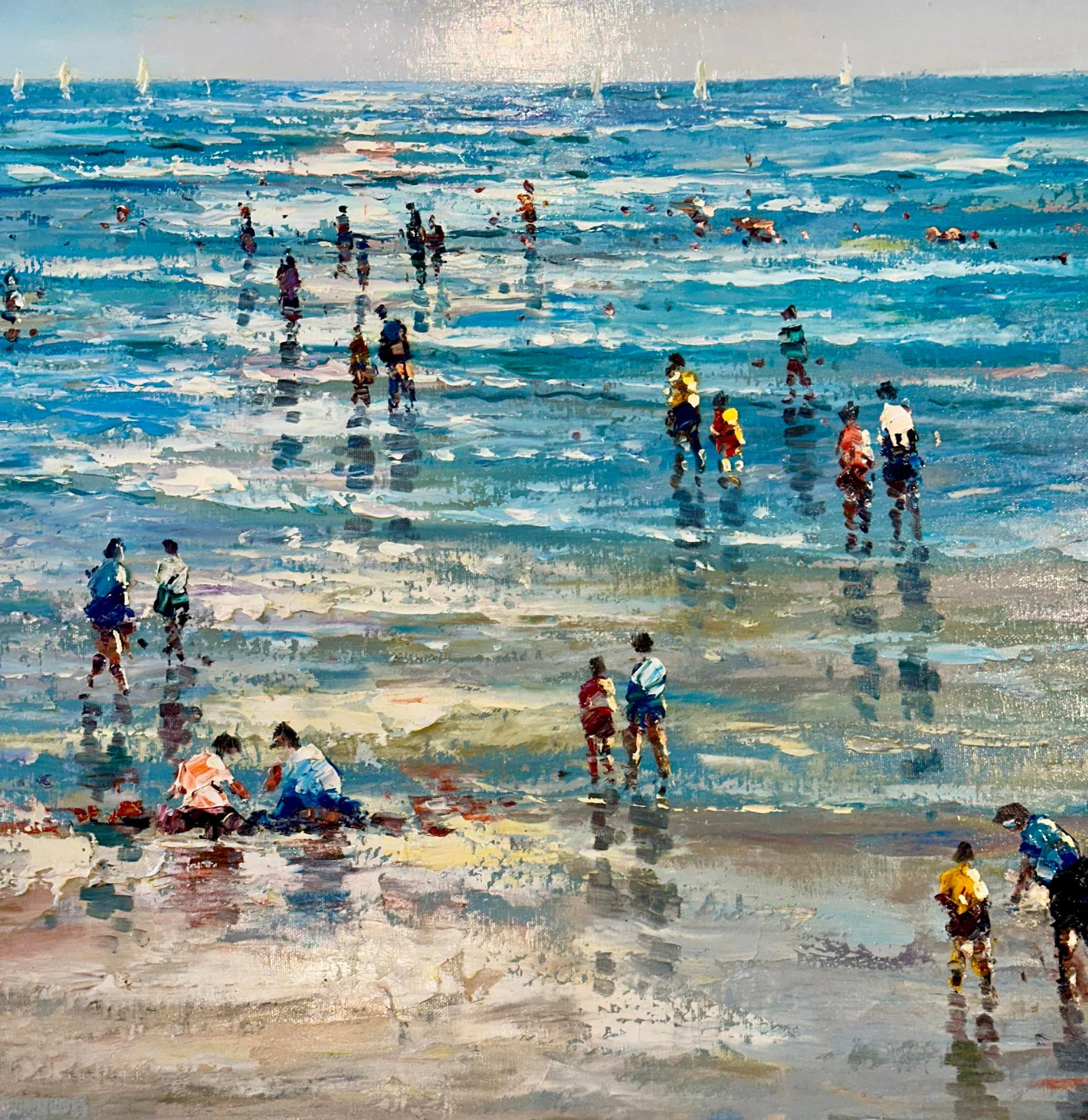 Beach Day Ocean Scene With Figures in Surf, Original Painting by J. Mogan - 2