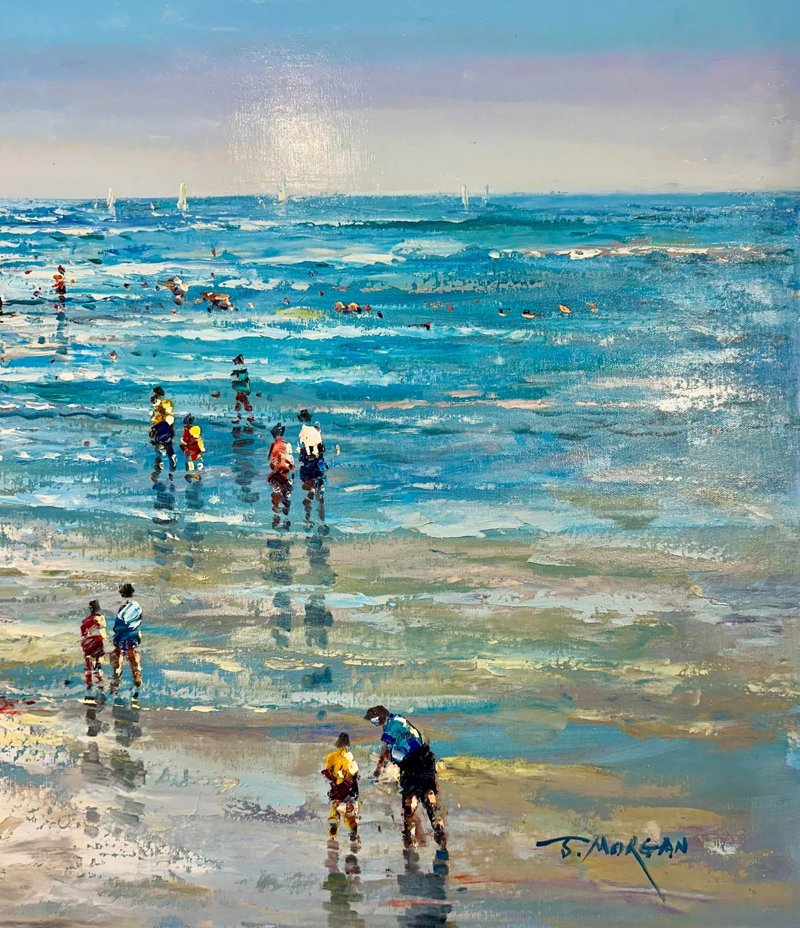 Beach Day Ocean Scene With Figures in Surf, Original Painting by J. Mogan - 3