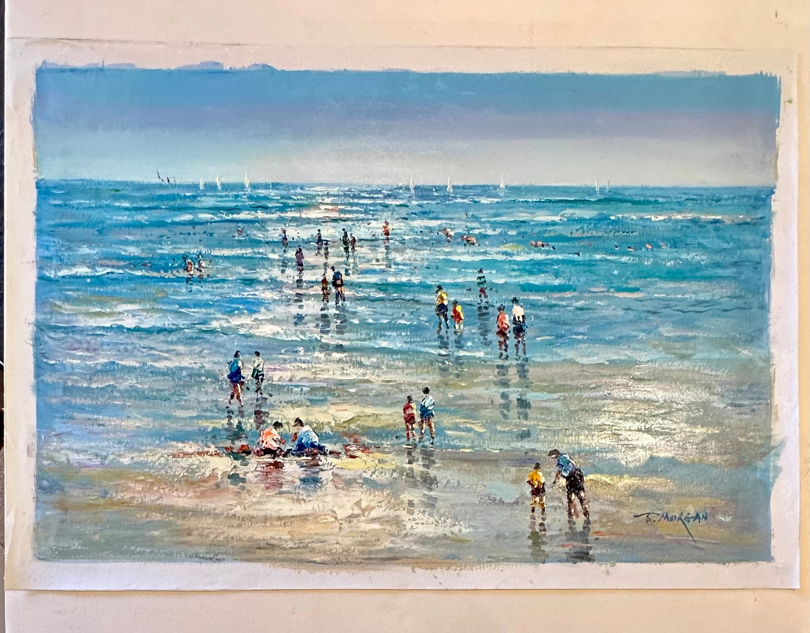 Beach Day Ocean Scene With Figures in Surf, Original Painting by J. Mogan - 4