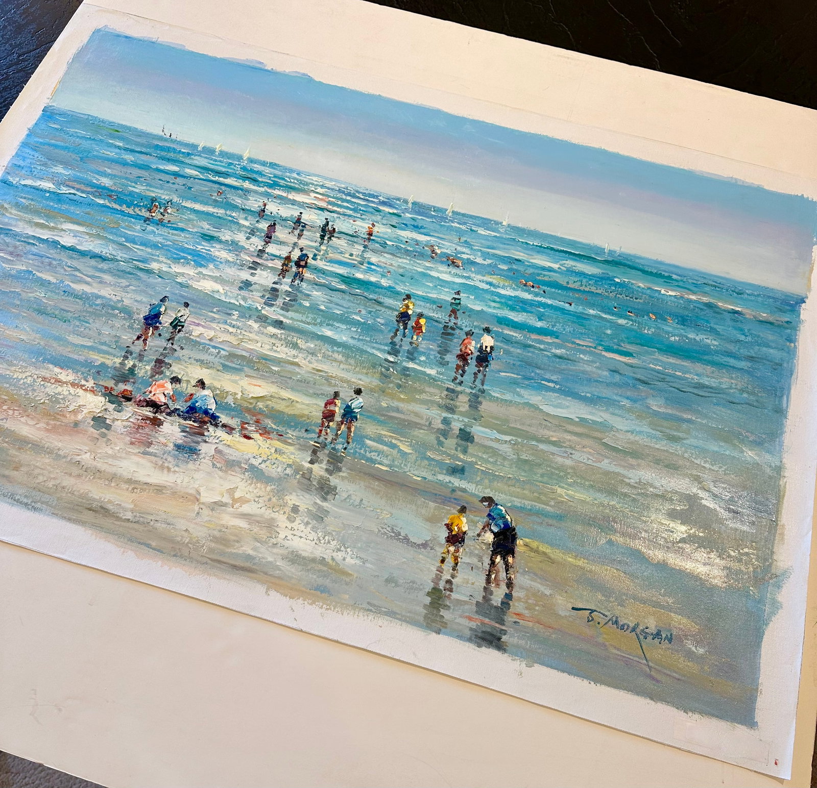 Beach Day Ocean Scene With Figures in Surf, Original Painting by J. Mogan - 5