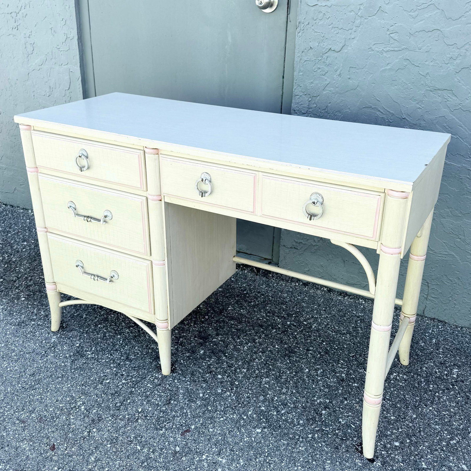 Vintage Coastal Faux Bamboo Cream and Pink Desk by Thomasville - 3