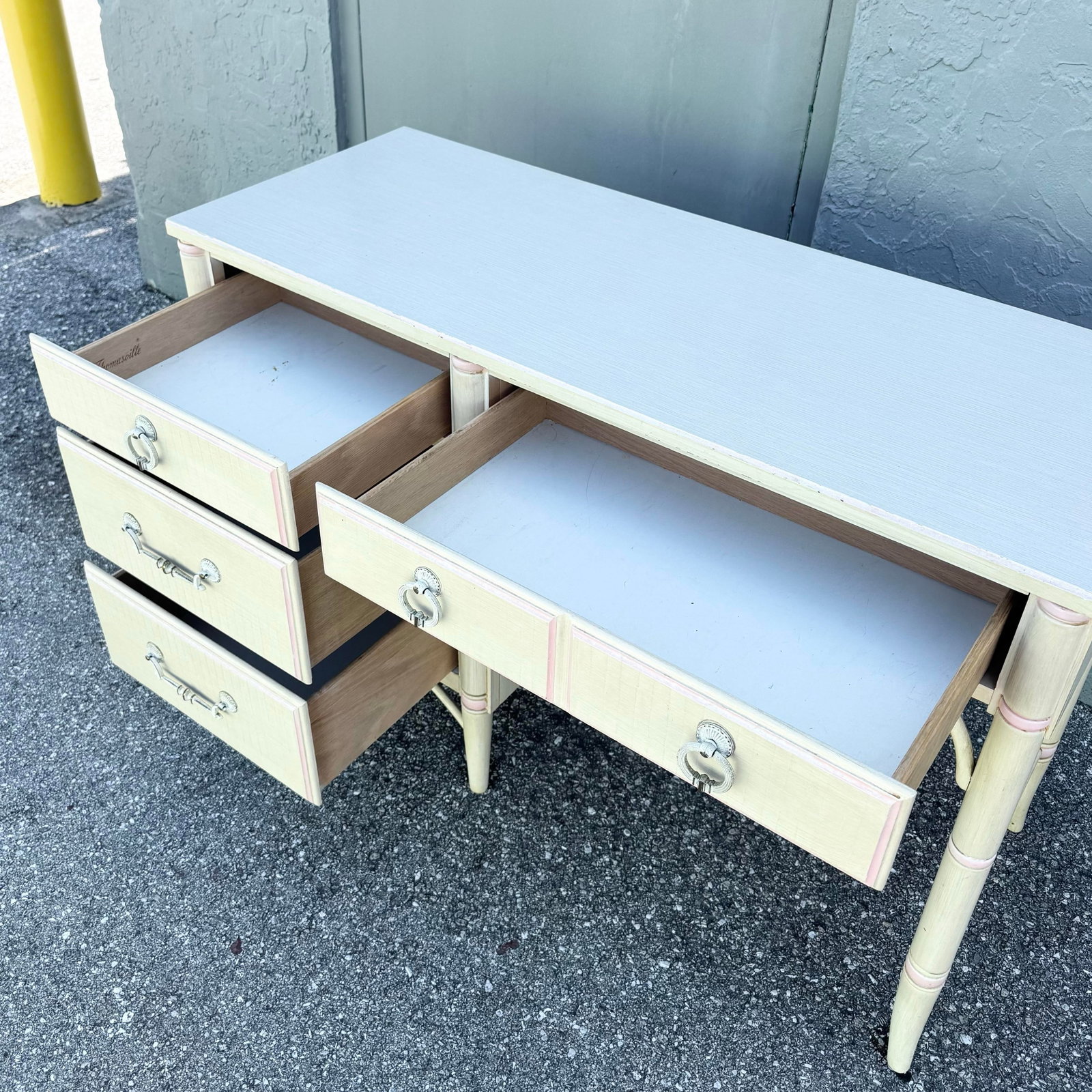 Vintage Coastal Faux Bamboo Cream and Pink Desk by Thomasville - 4