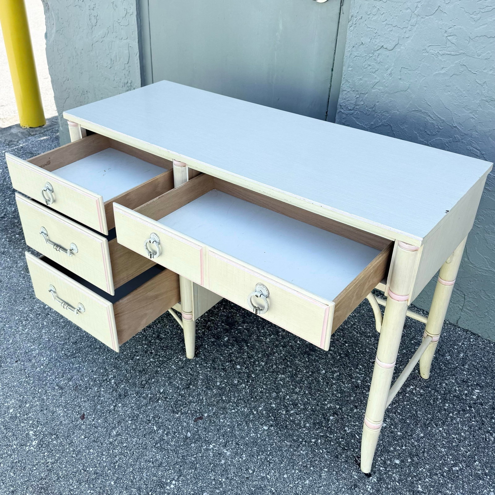 Vintage Coastal Faux Bamboo Cream and Pink Desk by Thomasville - 5