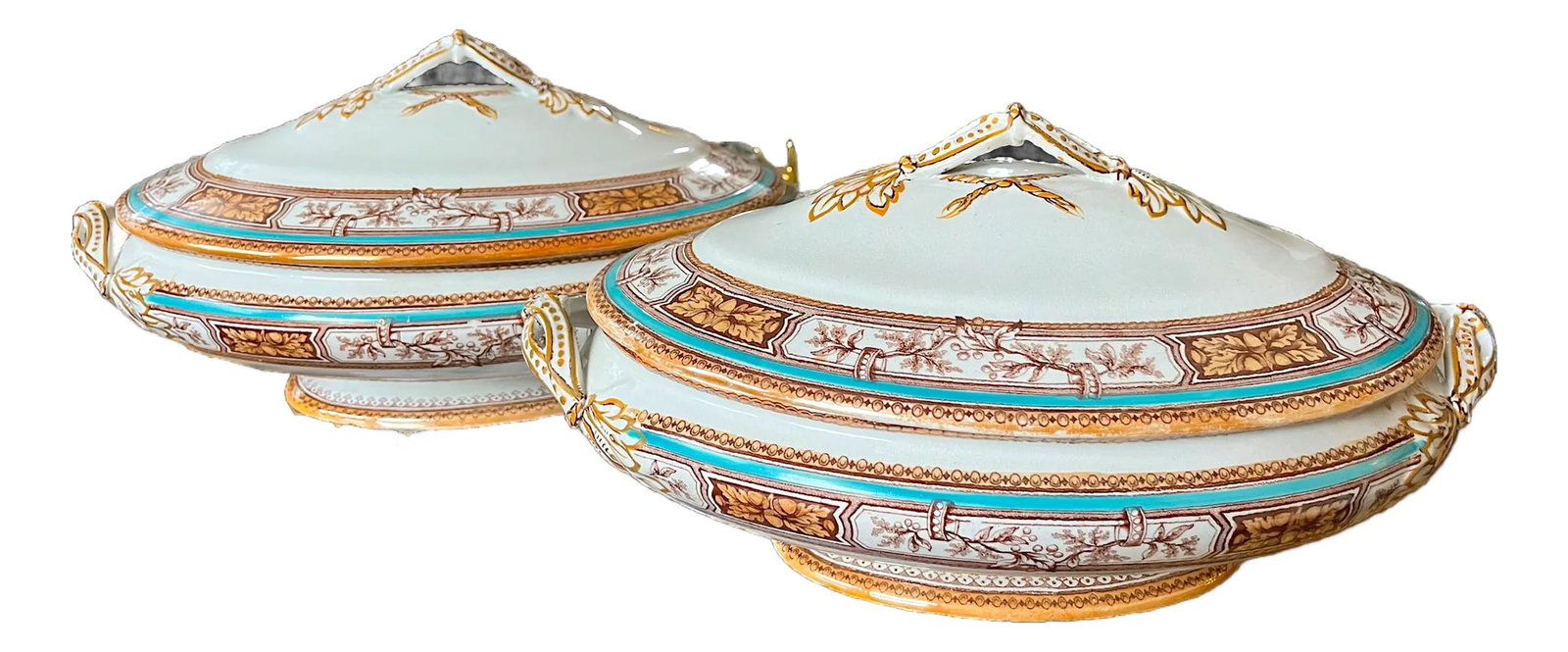 19th Century Edge, Malkin & Co. Staffordishire Hand Painted Turquoise and Brown Porcelain Tureens Wi: A striking pair of late 19th century covered tureens by Edge, Malkin & Co., produced in Staffordshire, England, circa 1880. Rendered in a refined palette of a rare turquoise and sepia palette with han