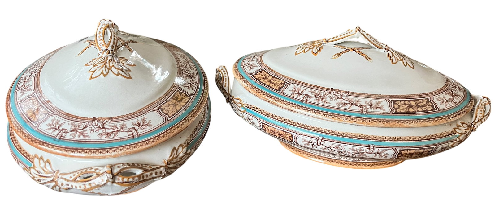 19th Century Edge, Malkin & Co. Staffordishire Hand Painted Turquoise and Brown Porcelain Tureens Wi - 2