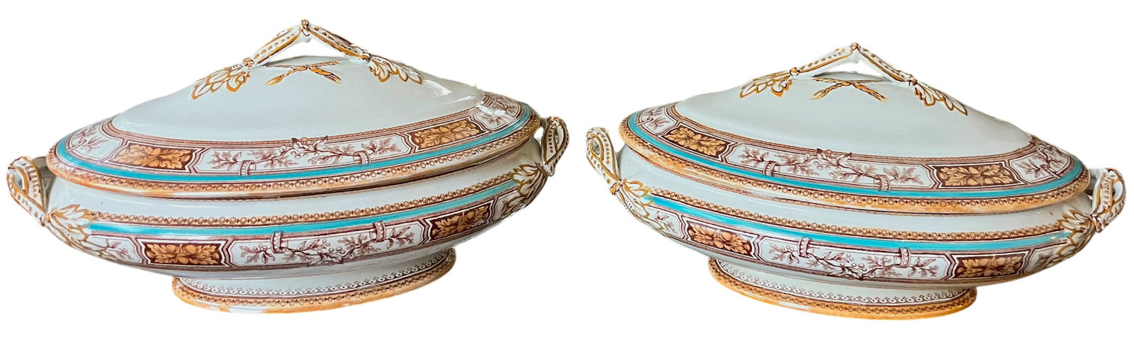 19th Century Edge, Malkin & Co. Staffordishire Hand Painted Turquoise and Brown Porcelain Tureens Wi - 3