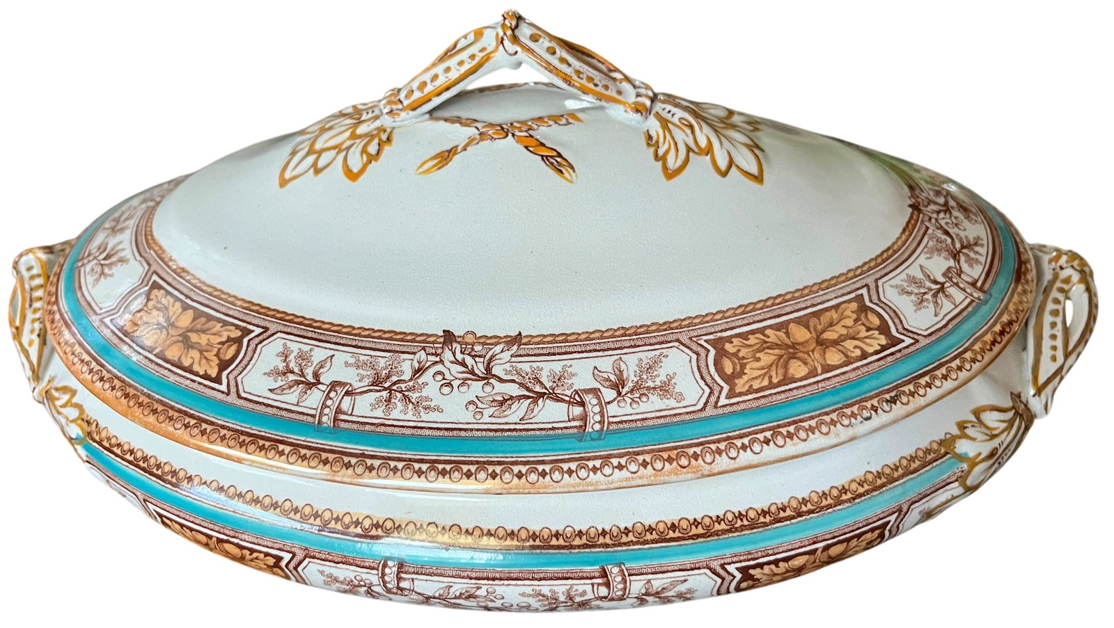 19th Century Edge, Malkin & Co. Staffordishire Hand Painted Turquoise and Brown Porcelain Tureens Wi - 4