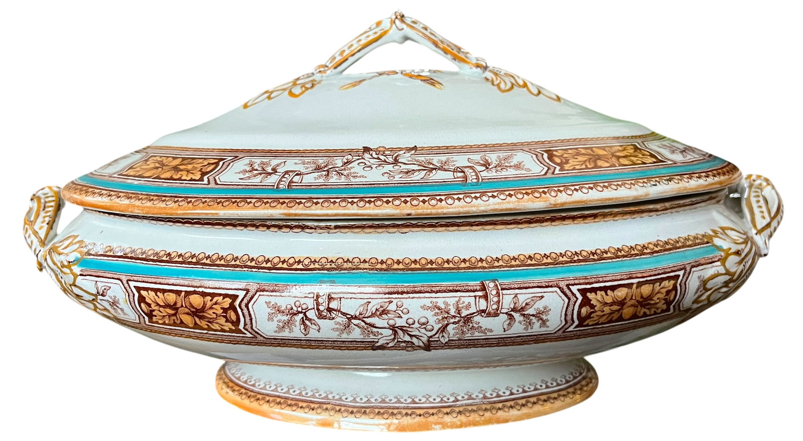 19th Century Edge, Malkin & Co. Staffordishire Hand Painted Turquoise and Brown Porcelain Tureens Wi - 5