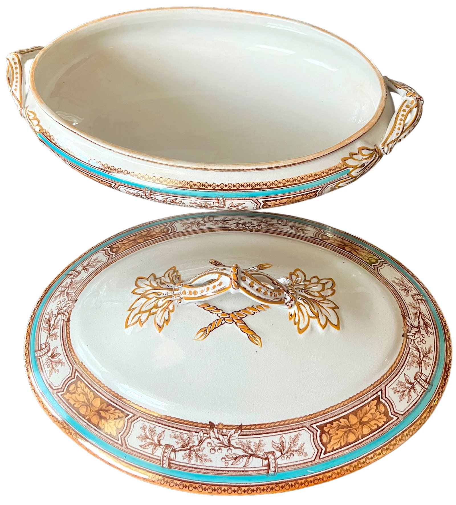 19th Century Edge, Malkin & Co. Staffordishire Hand Painted Turquoise and Brown Porcelain Tureens Wi - 6