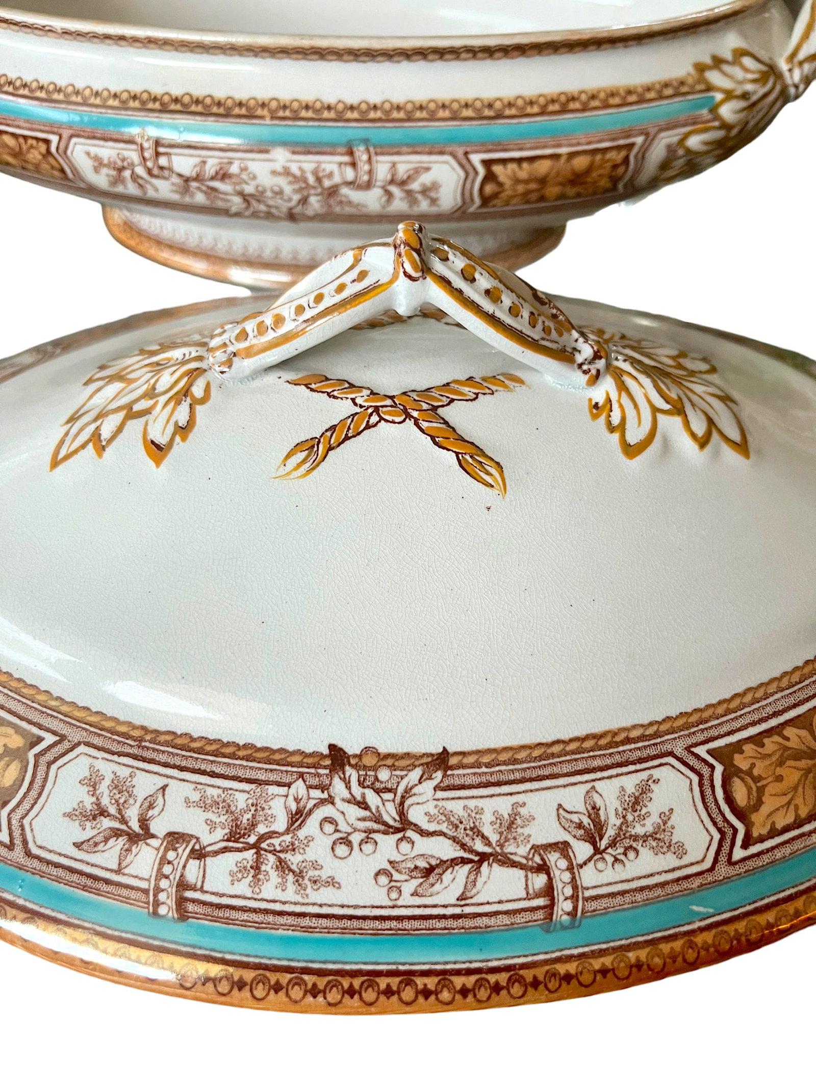 19th Century Edge, Malkin & Co. Staffordishire Hand Painted Turquoise and Brown Porcelain Tureens Wi - 7