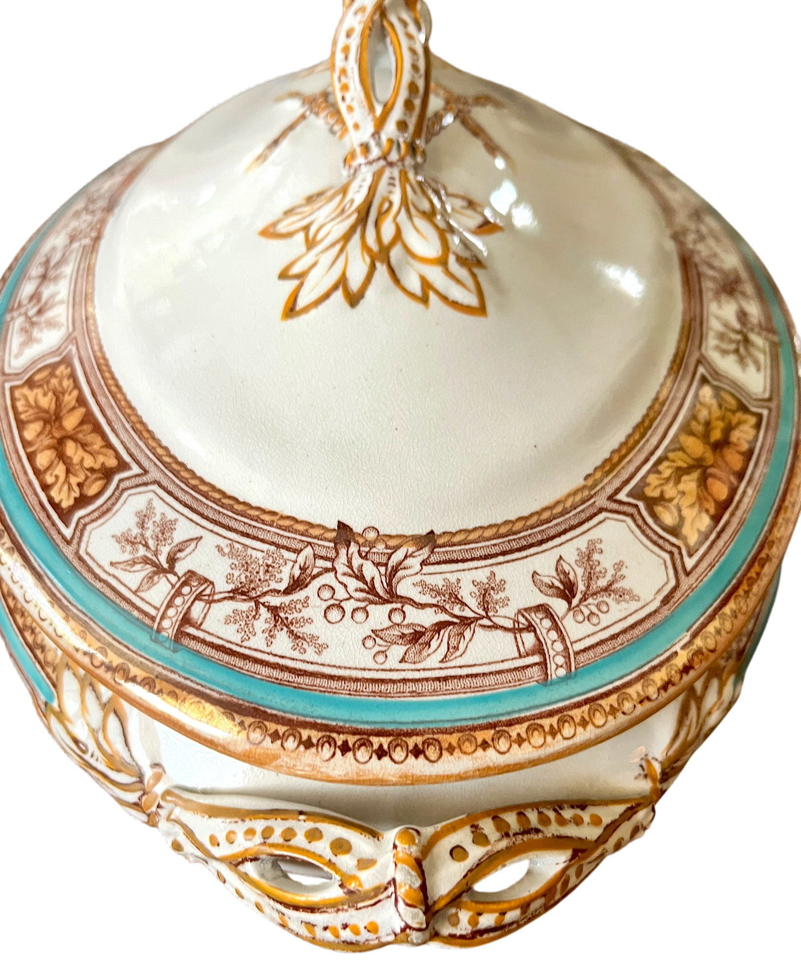 19th Century Edge, Malkin & Co. Staffordishire Hand Painted Turquoise and Brown Porcelain Tureens Wi - 8