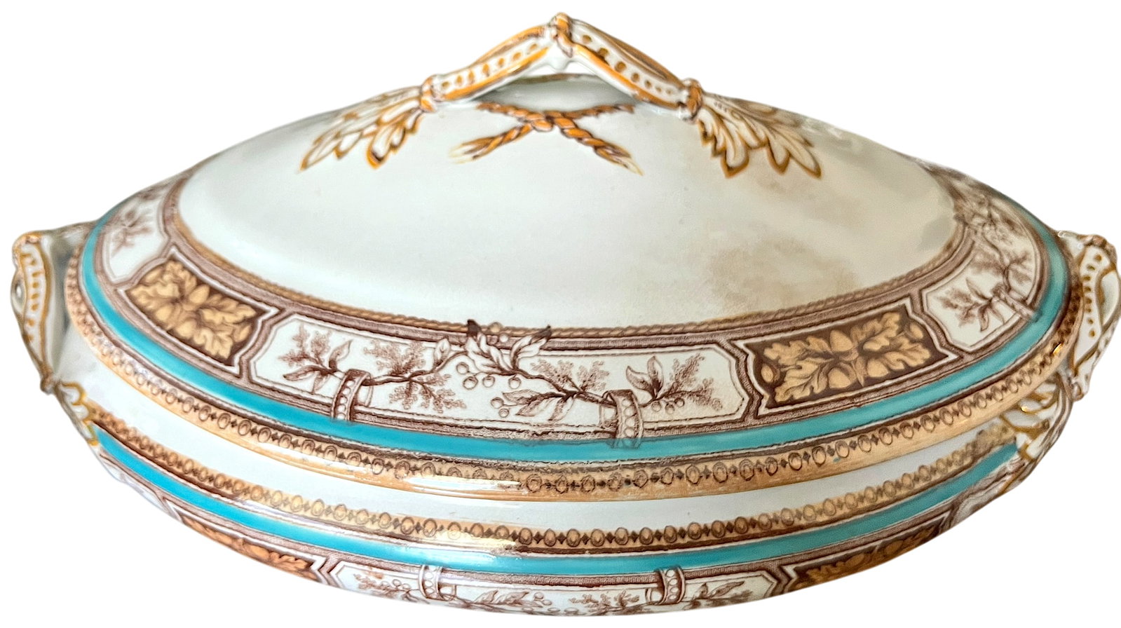 19th Century Edge, Malkin & Co. Staffordishire Hand Painted Turquoise and Brown Porcelain Tureens Wi - 9