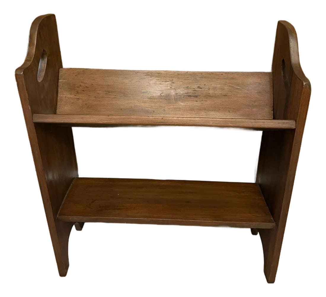 Antique Mission Oak Arts & Crafts 2-Tier Book Stand or Trough: Embrace the honest craftsmanship of the early 20th century with this striking antique Arts & Crafts period two-tier book stand. Constructed from solid, oak featuring a prominent, beautiful wood grain,