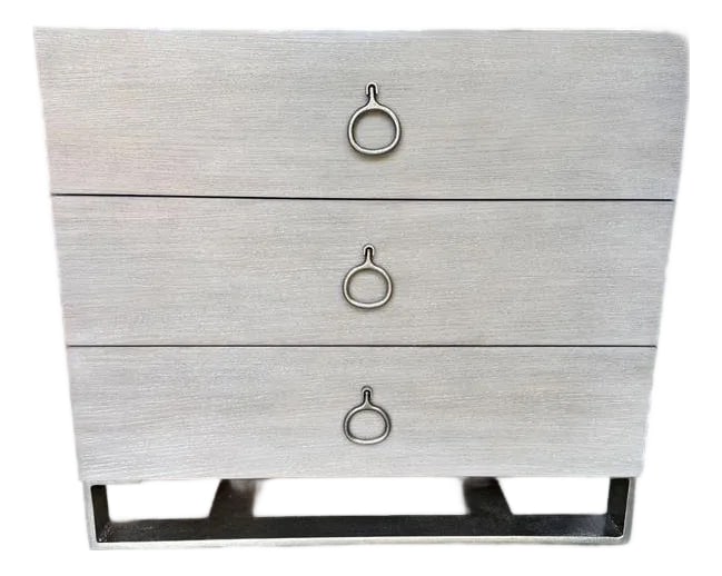 Like New Bernhardt Linea 3 Drawer Nightstand: Brand New Bernhardt Linea 3 Drawer Nightstand The Linea nightstand features a trio of drawers supported by an open cast aluminum base. Finished in Cerused Greige, wire-brushed oak veneers offer subtle