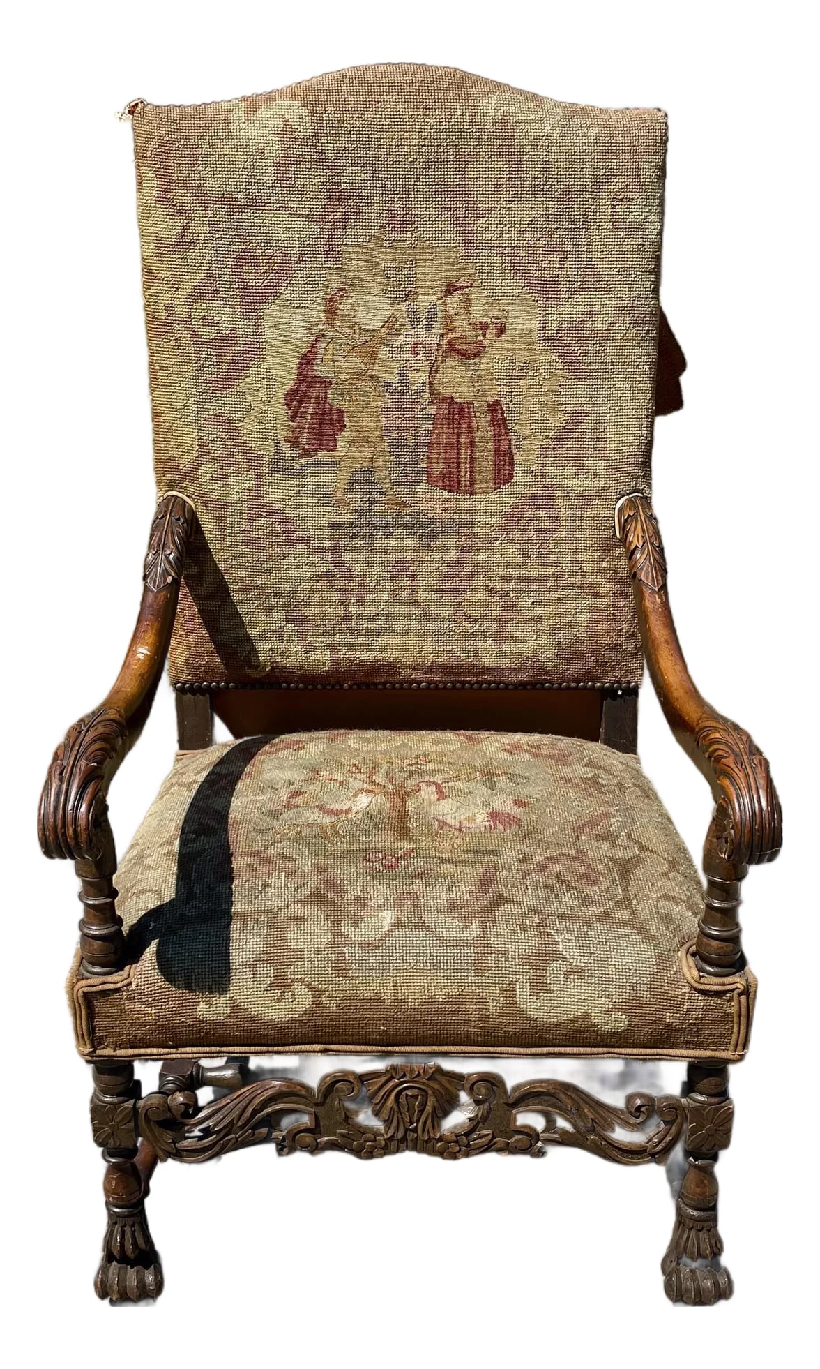 Late 19th Century Victorian Carved Wood Distressed Needlepoint Armchair Tall Back Throne Chair (1 of 12)
