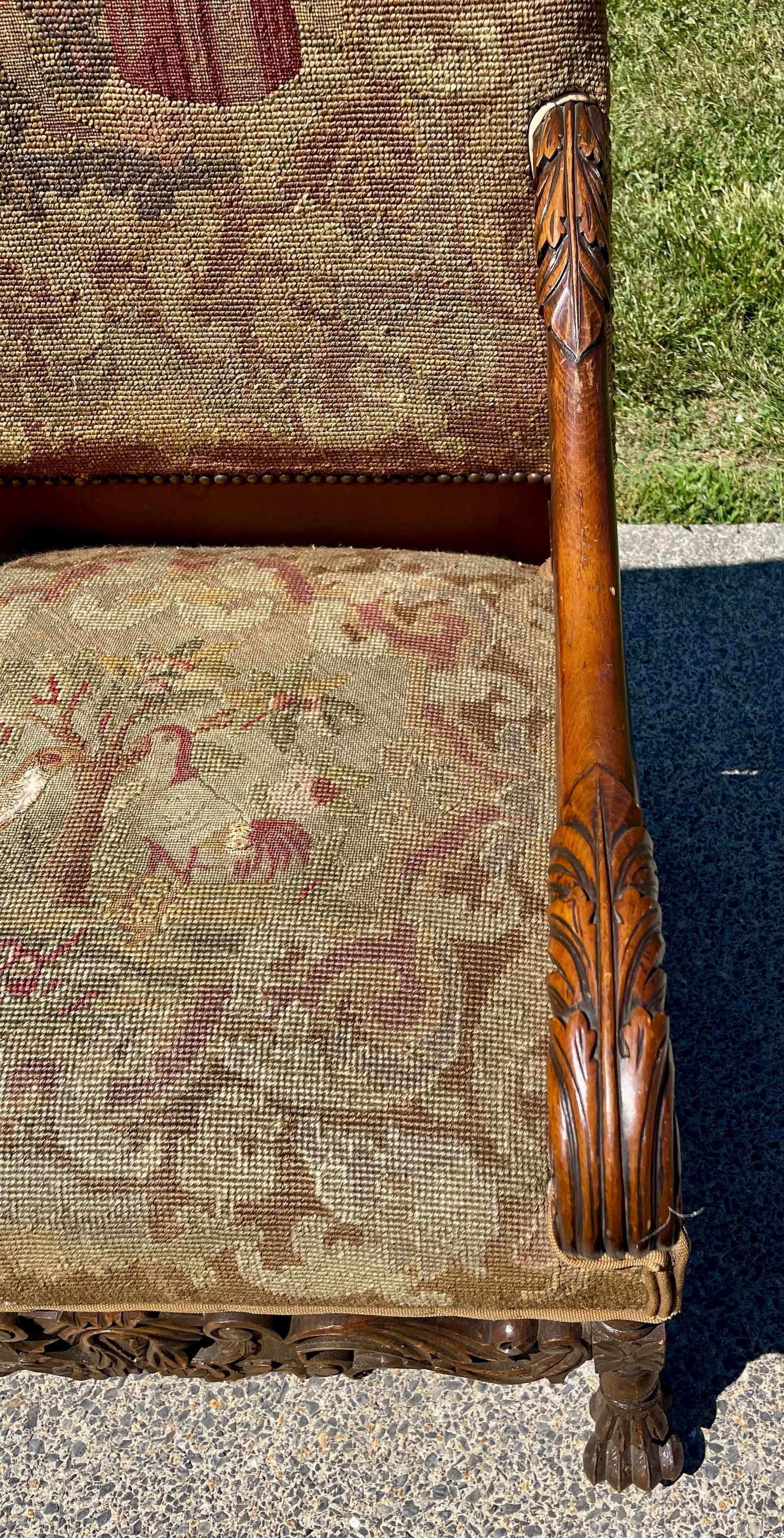 Late 19th Century Victorian Carved Wood Distressed Needlepoint Armchair Tall Back Throne Chair - 9