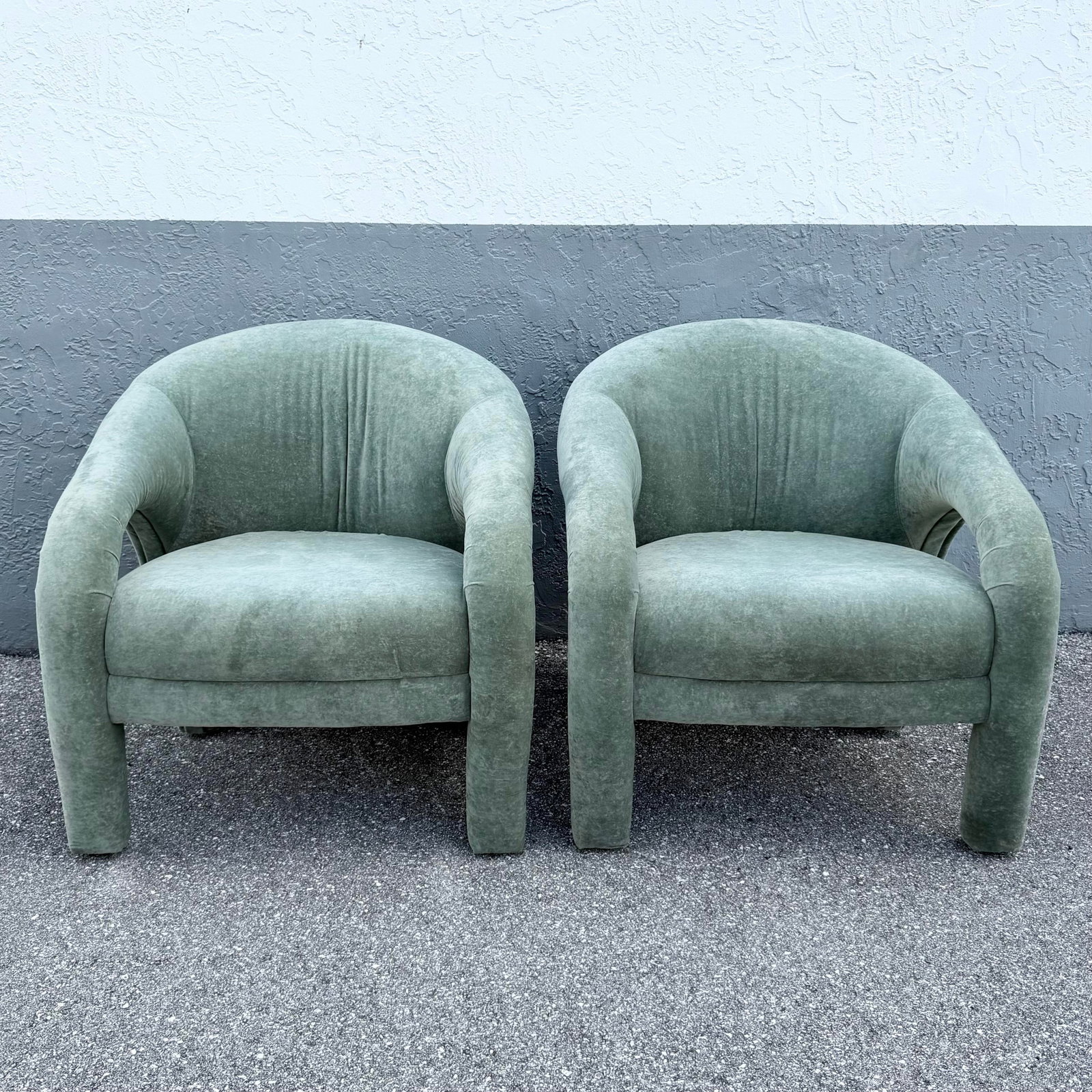 Postmodern Sculpted Sage Mint Green Velvet Lounge Chairs - A Pair - 2