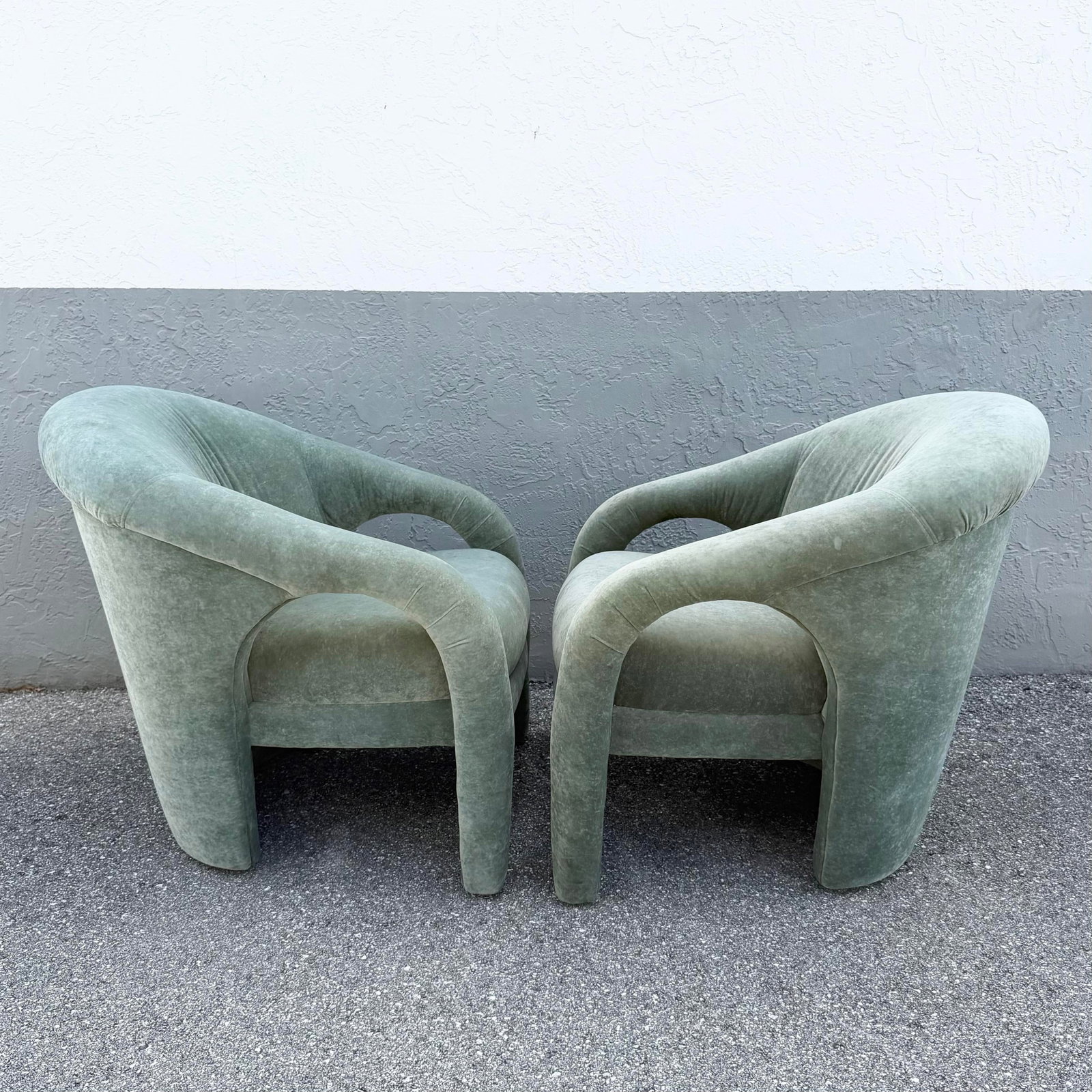 Postmodern Sculpted Sage Mint Green Velvet Lounge Chairs - A Pair - 4