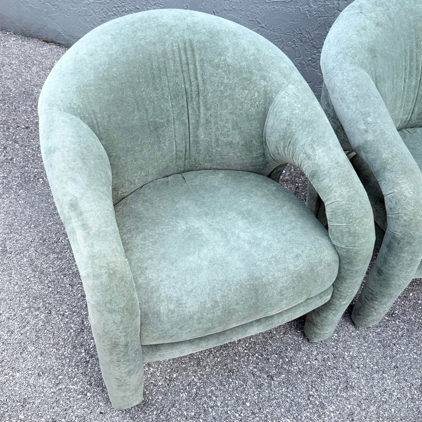 Postmodern Sculpted Sage Mint Green Velvet Lounge Chairs - A Pair - 5