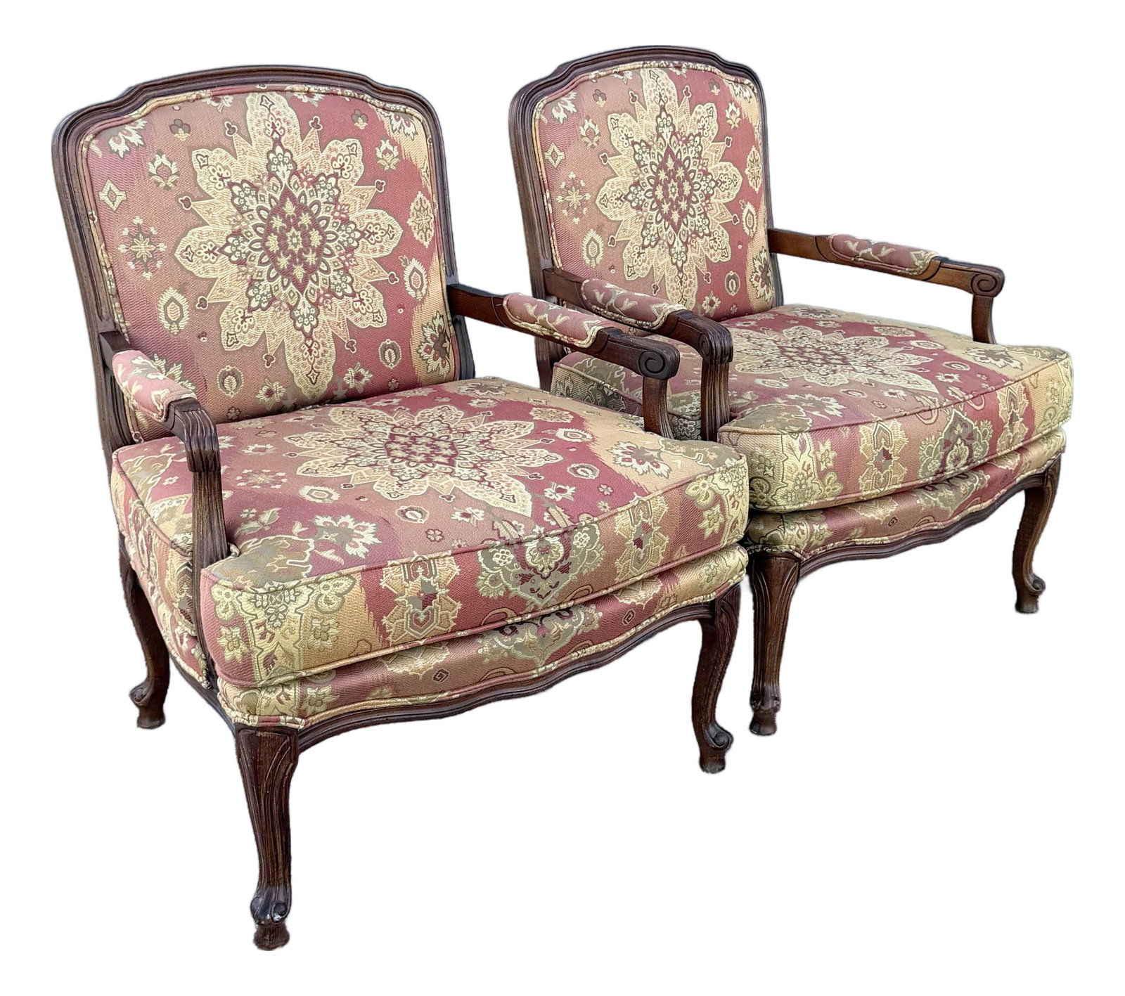 Vintage French Provincial Lounge Chairs by Woodmark - A Pair: A timeless pair of French Provincial lounge chairs by Woodmark, showcasing elegant carved walnut frames with graceful cabriole legs, scrolled arms, and softly arched backs. Upholstered in their origin