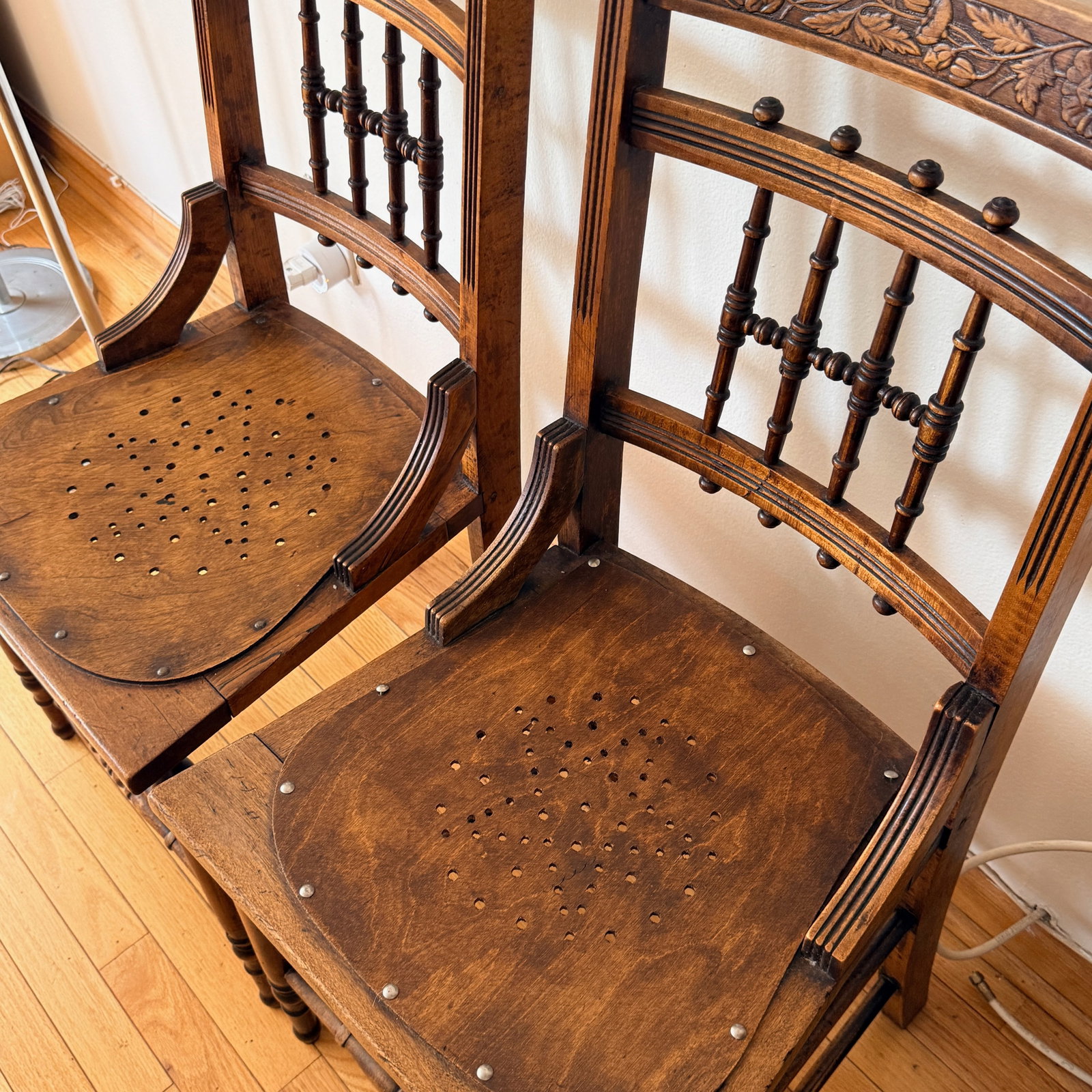 Pair Pressed Back Chairs With Leather Seats - 10