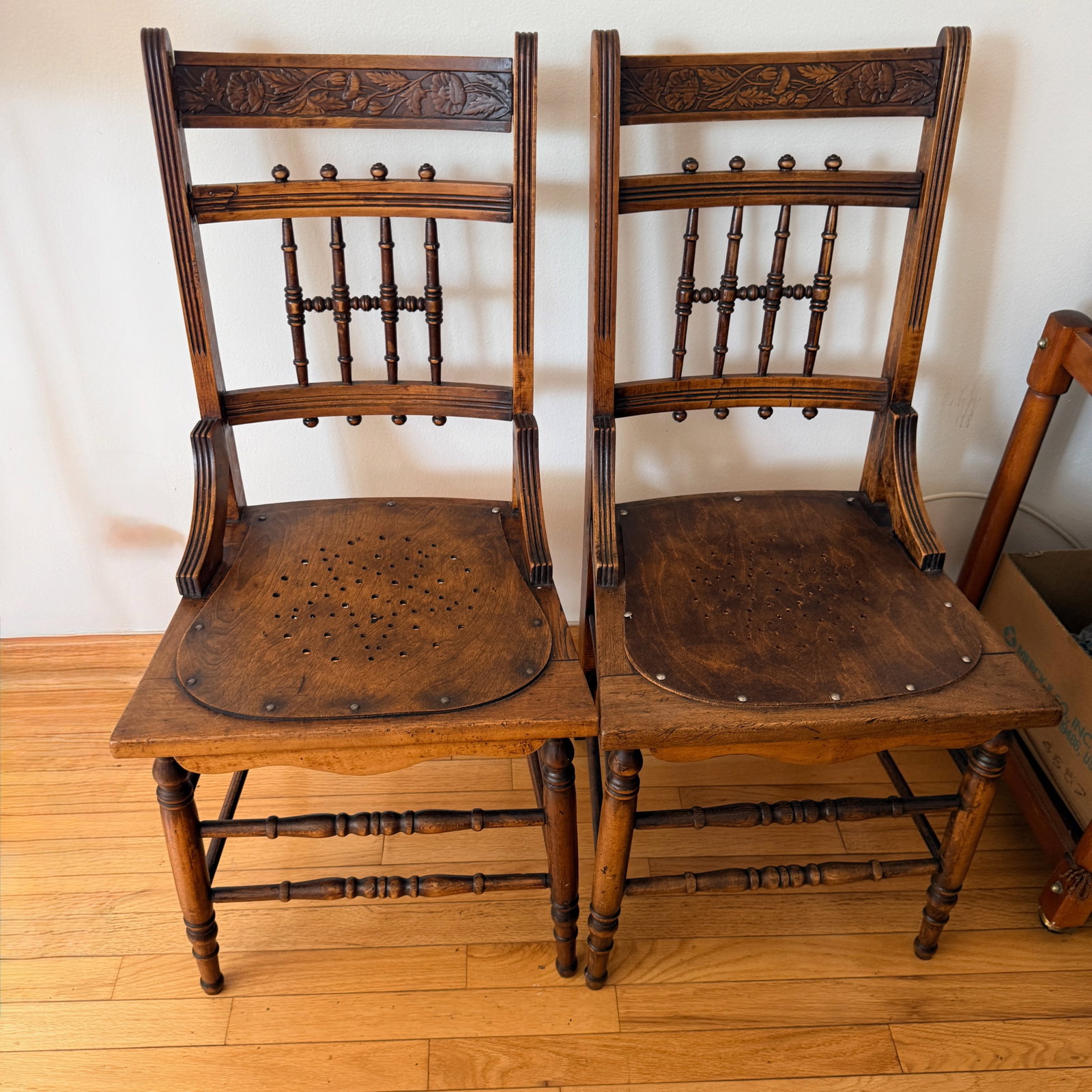 Pair Pressed Back Chairs With Leather Seats - 11