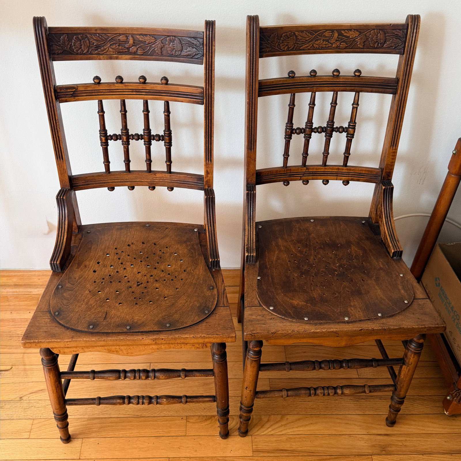 Pair Pressed Back Chairs With Leather Seats - 2