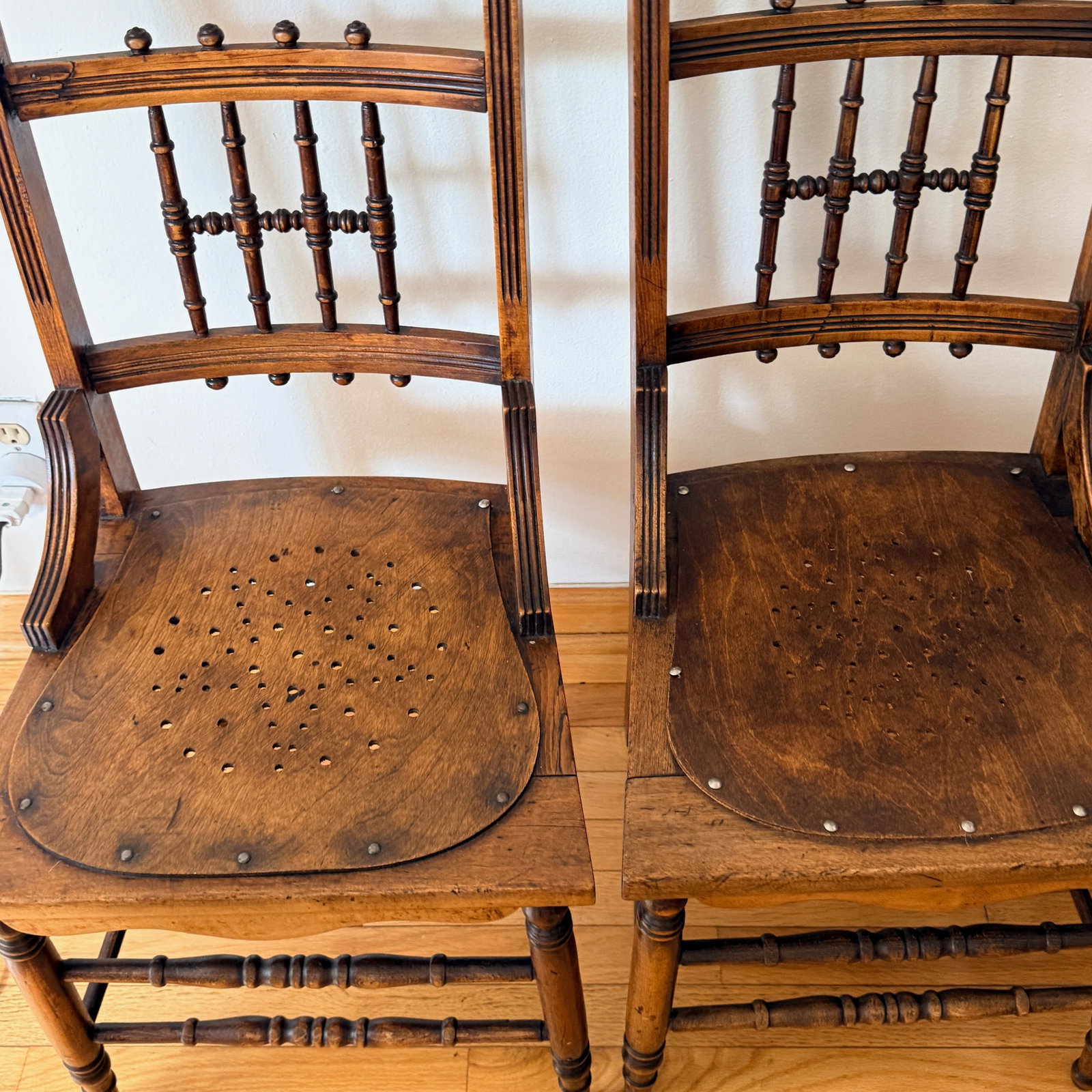 Pair Pressed Back Chairs With Leather Seats - 7