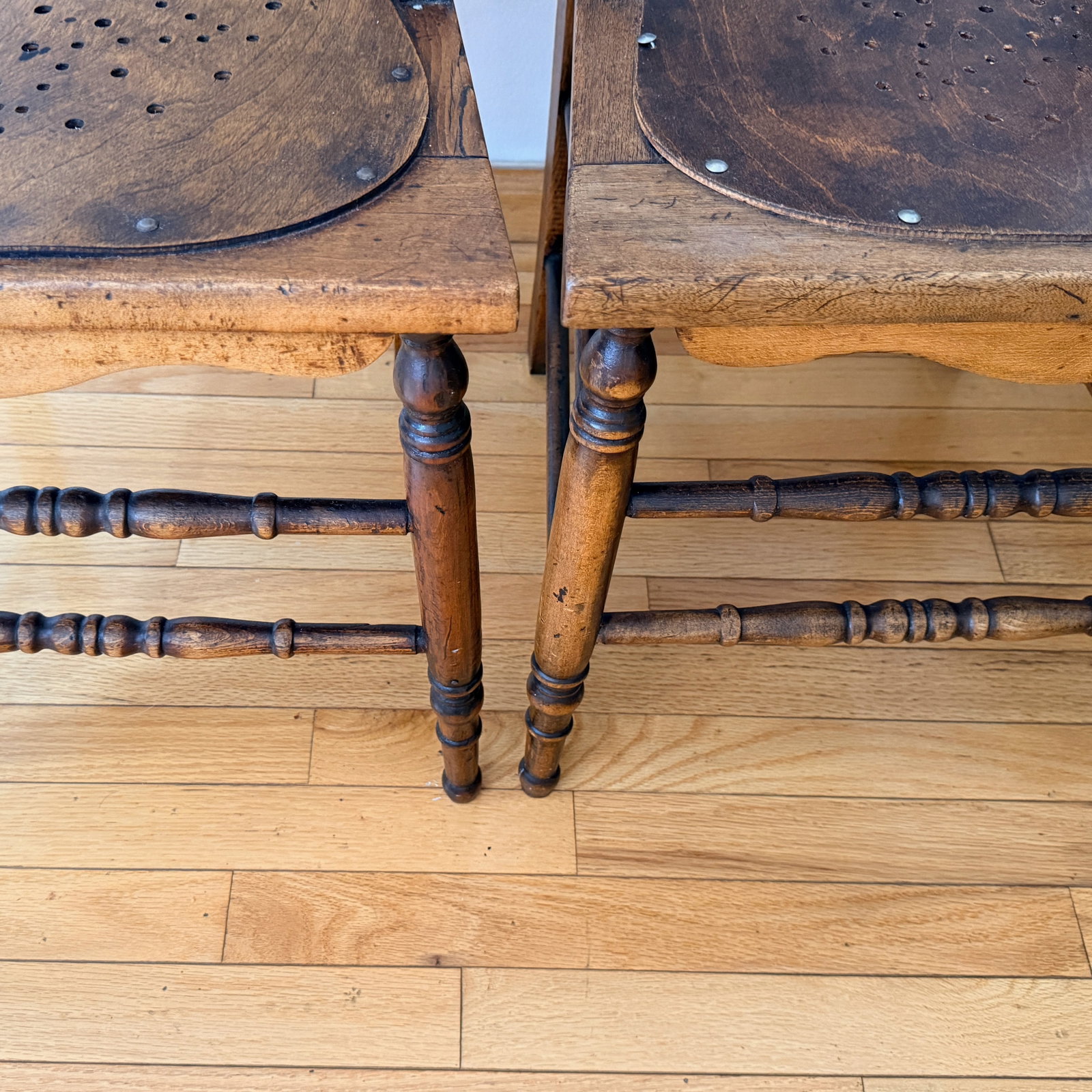 Pair Pressed Back Chairs With Leather Seats - 8