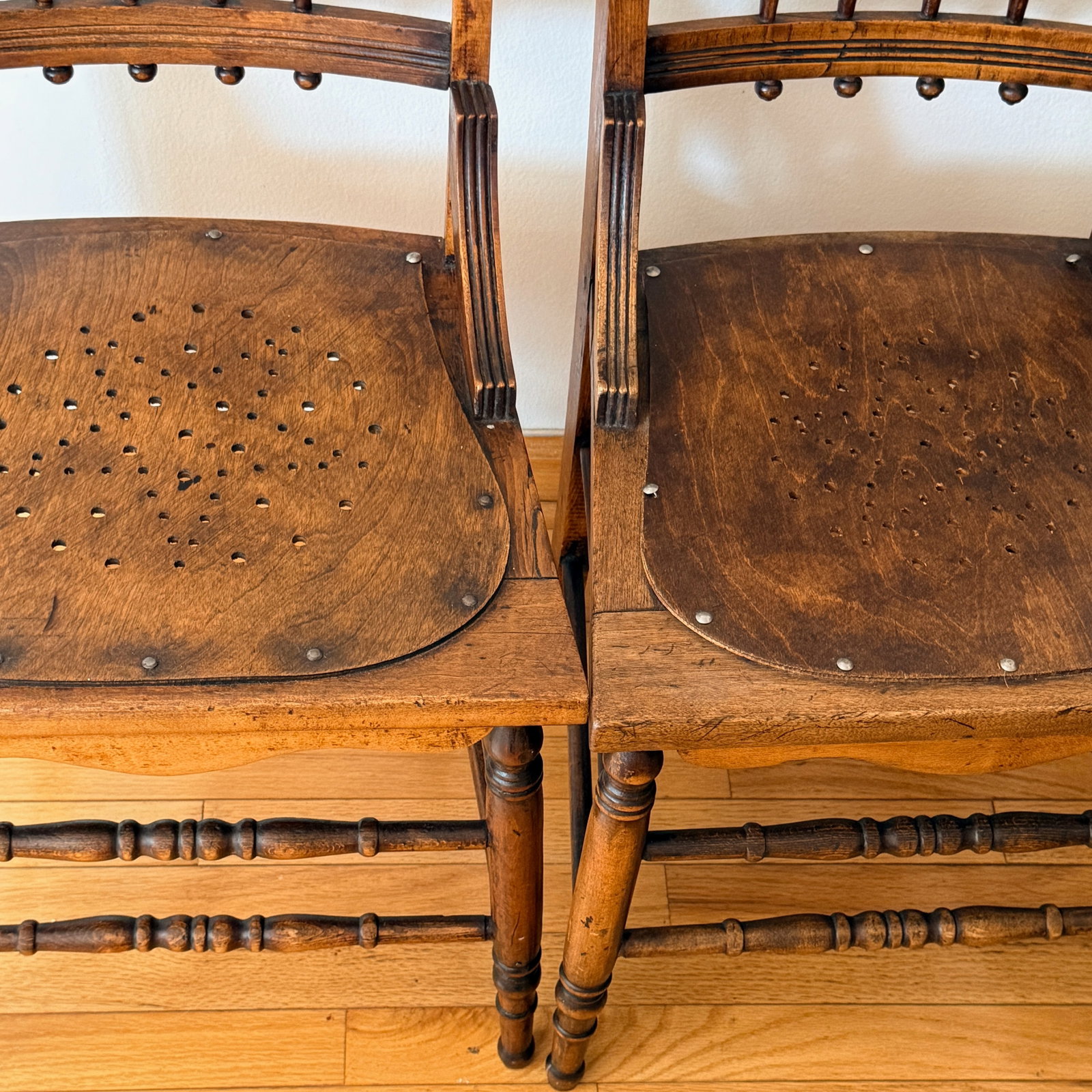 Pair Pressed Back Chairs With Leather Seats - 9