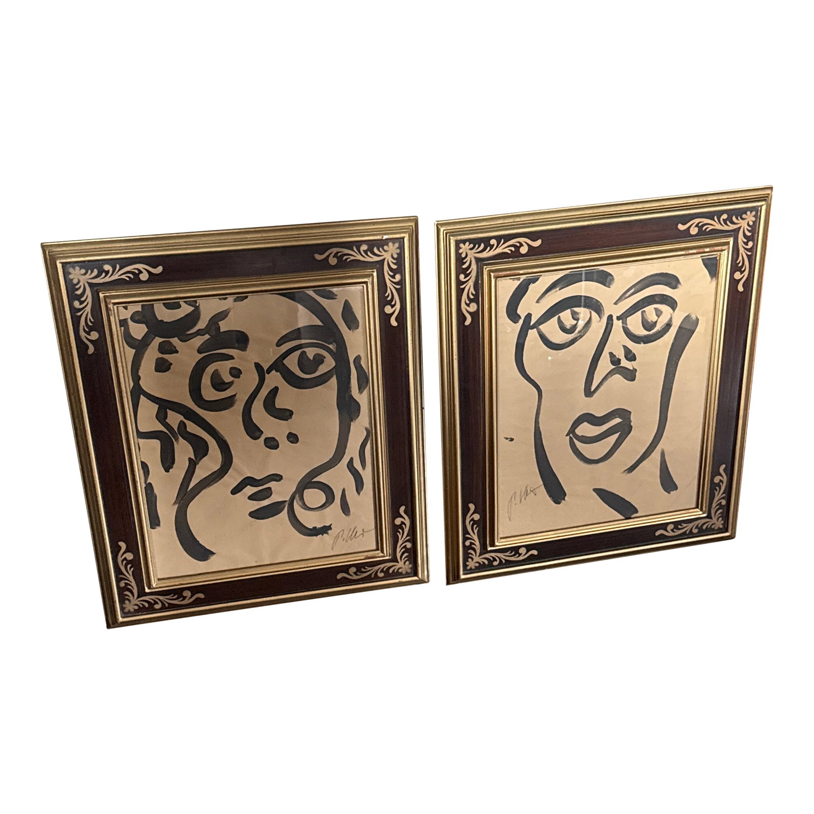 1970s Peter Keil Original Pair of Early Portrait Paintings: Fantastic Original Pair of Peter Keil Abstract Portrait Paintings These beautiful pieces circa 1970s depicts a male and female portrait in black oil. Framed in custom ornate wood frames frame ready