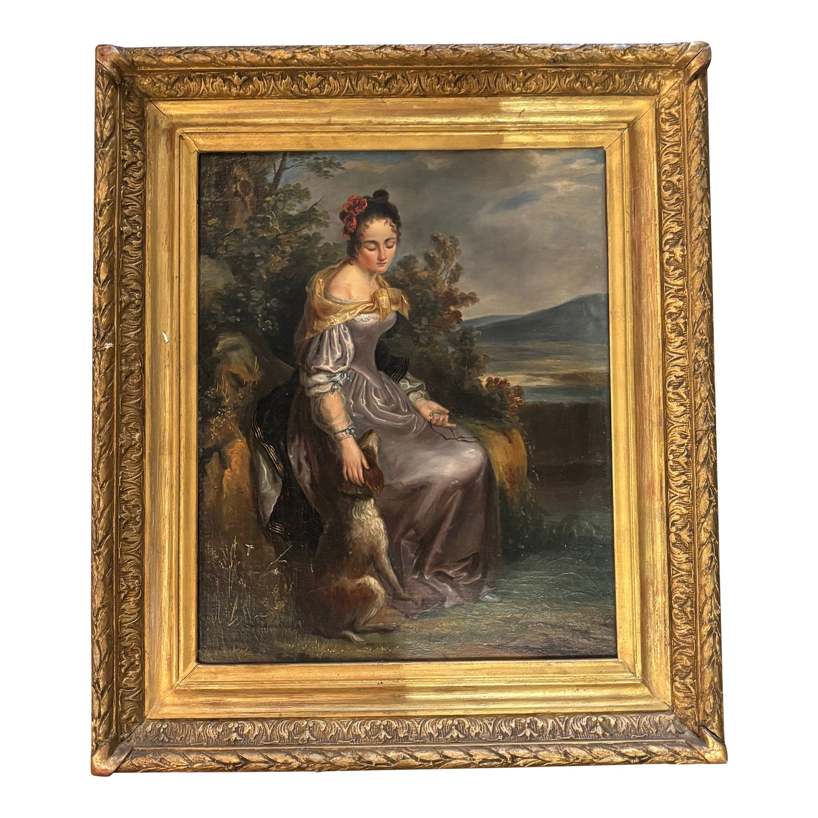 Mid-19th Century European School Oil Painting of a Woman With Dog in Giltwood Frame Ks - Unsigned (1 of 4)