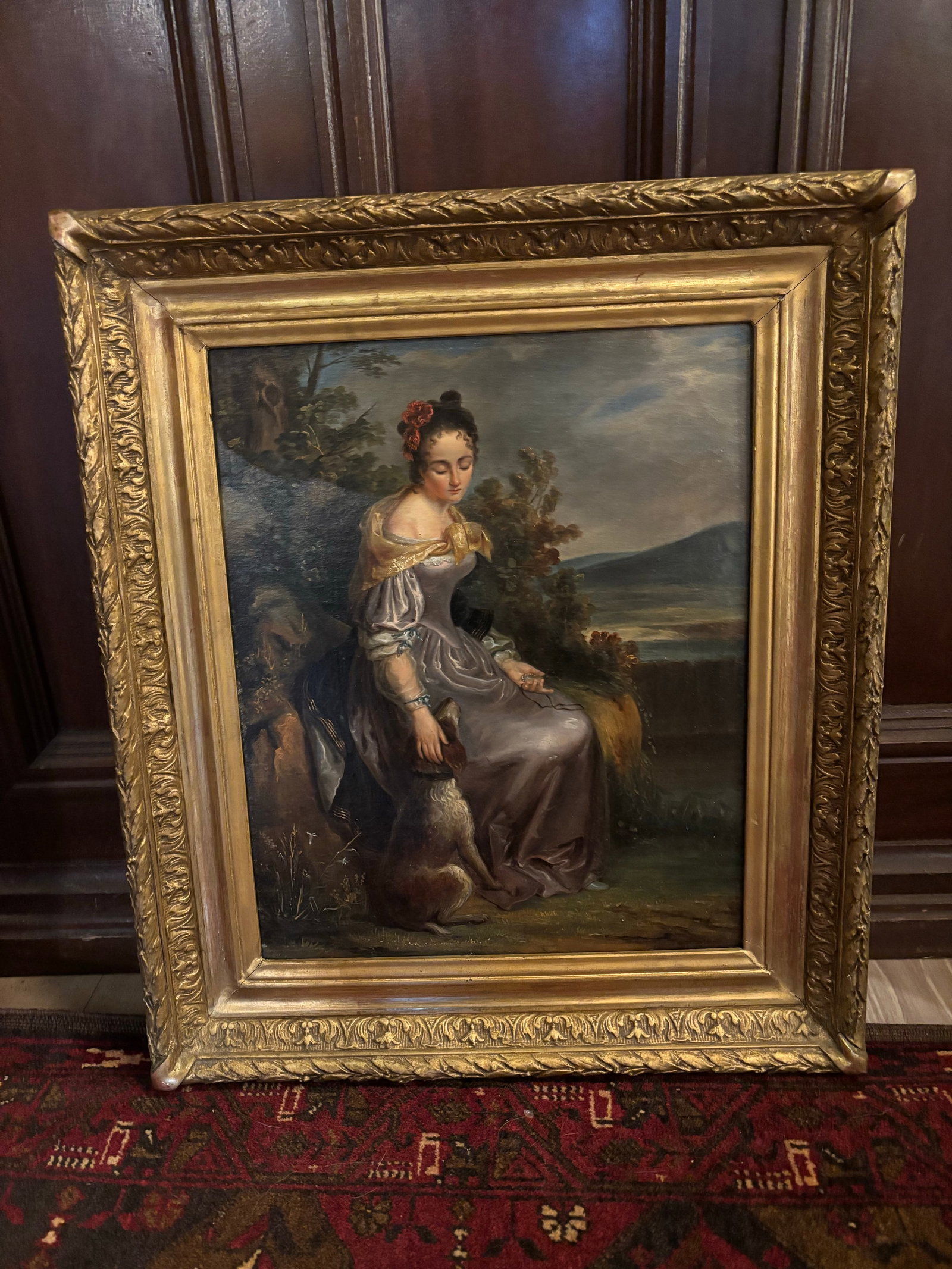 Mid-19th Century European School Oil Painting of a Woman With Dog in Giltwood Frame Ks - Unsigned - 2