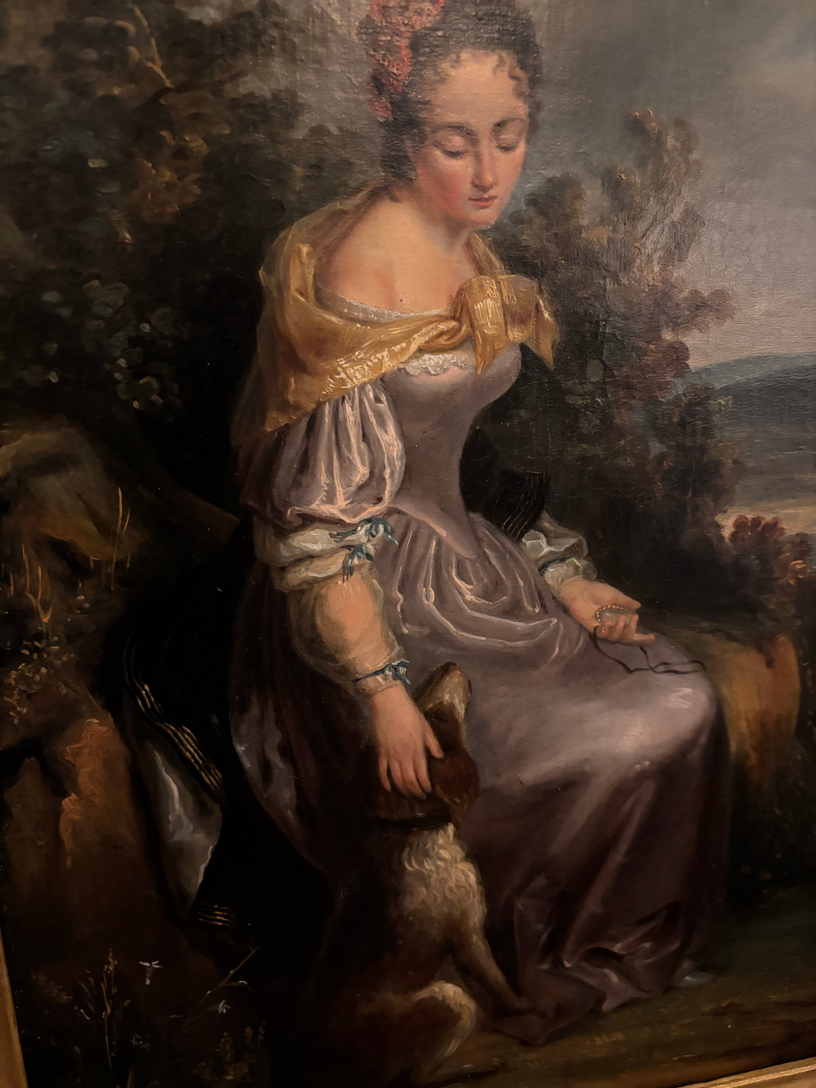 Mid-19th Century European School Oil Painting of a Woman With Dog in Giltwood Frame Ks - Unsigned - 4