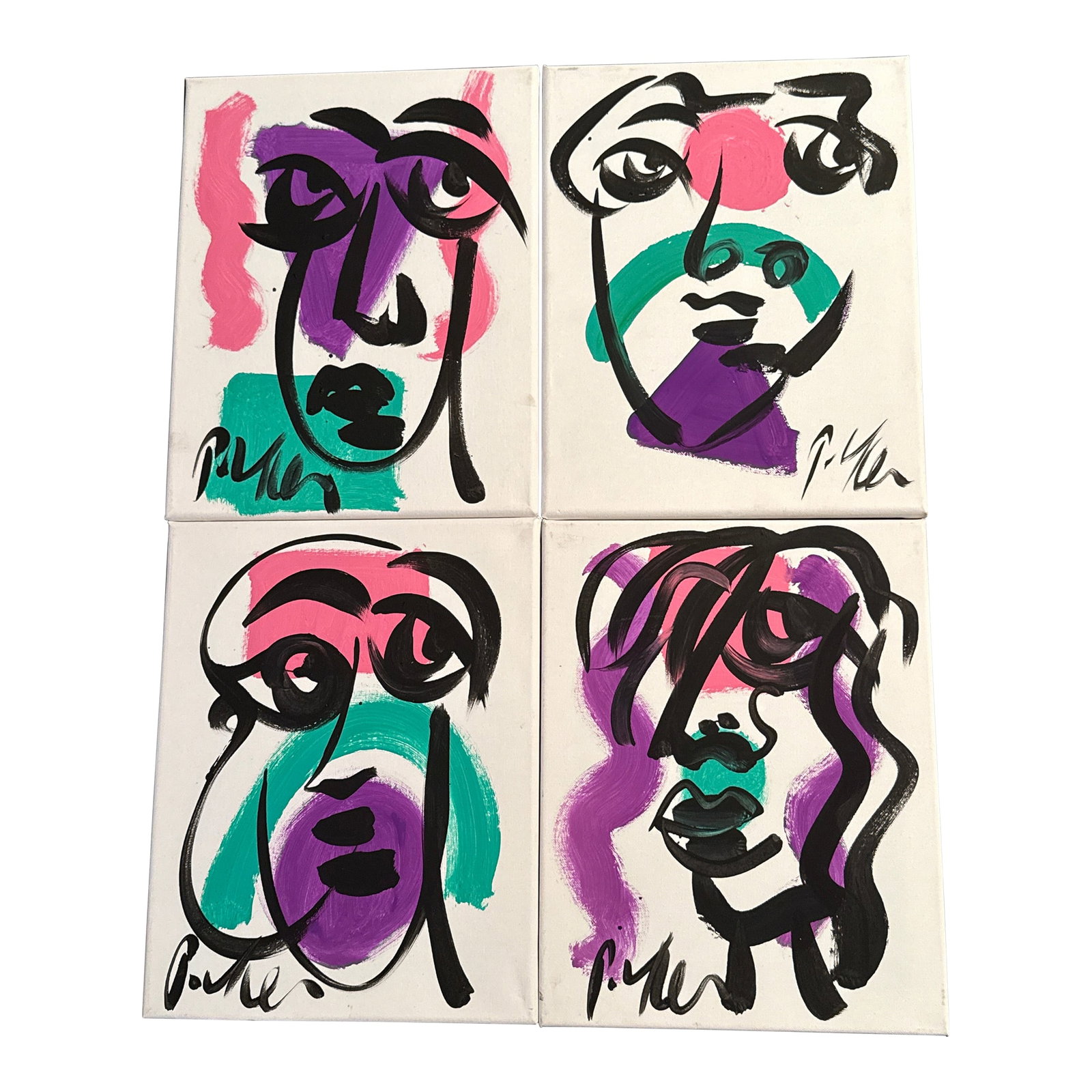 Peter Keil Set of 4 Colorful Abstract Canvas Paintings: 1970s Original Abstract Paintings set of 4 by Peter Keil. These great paintings were executed with oil on canvas and depicts colorful whimsical portraits. COA on back guaranteed authentic direct from 