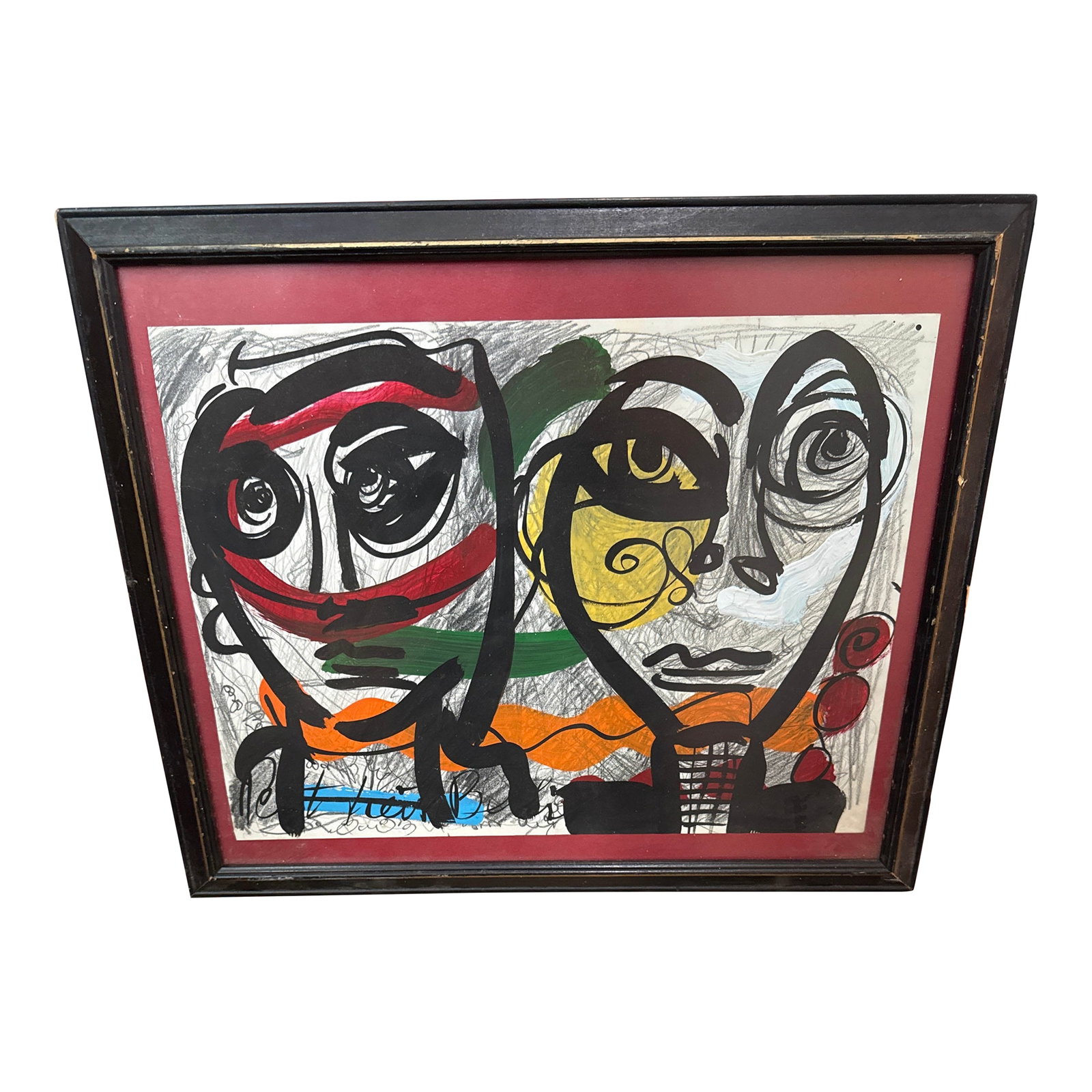 1970s Peter Keil Unique Abstract Colorful Portrait Painting: 1970s Original Abstract Painting by Peter Keil. This unique piece was executed on paper and depicts a colorful whimsical portrait of two people . Framed in wood frame ready to hang. COA on back