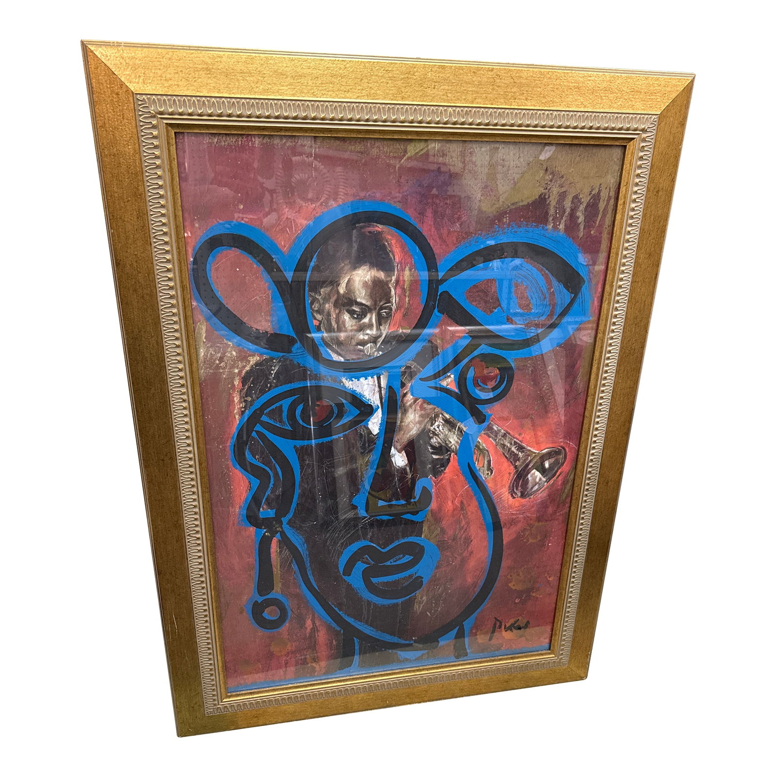 1970s Peter Keil Abstract Blue Jazz Portrait Painting: 1970s Original Abstract Painting by Peter Keil. This great piece was executed on board and depicts a colorful whimsical portrait in blue over a jazz player. Framed in gold wood frame ready to hang.