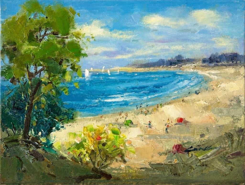 Beach Coastal Scene Sailboats Oil Painting on Canvas by Lambdom: Original impressionist-style oil painting on stretched canvas by Lambdom. Rich palette-knife textures and expressive brushwork bring the scene to life, depicting a sweeping sandy beach, brilliant blue