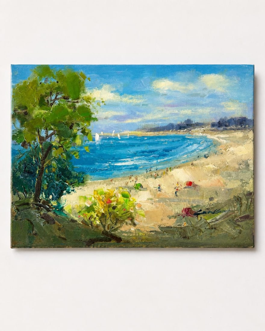 Beach Coastal Scene Sailboats Oil Painting on Canvas by Lambdom - 2