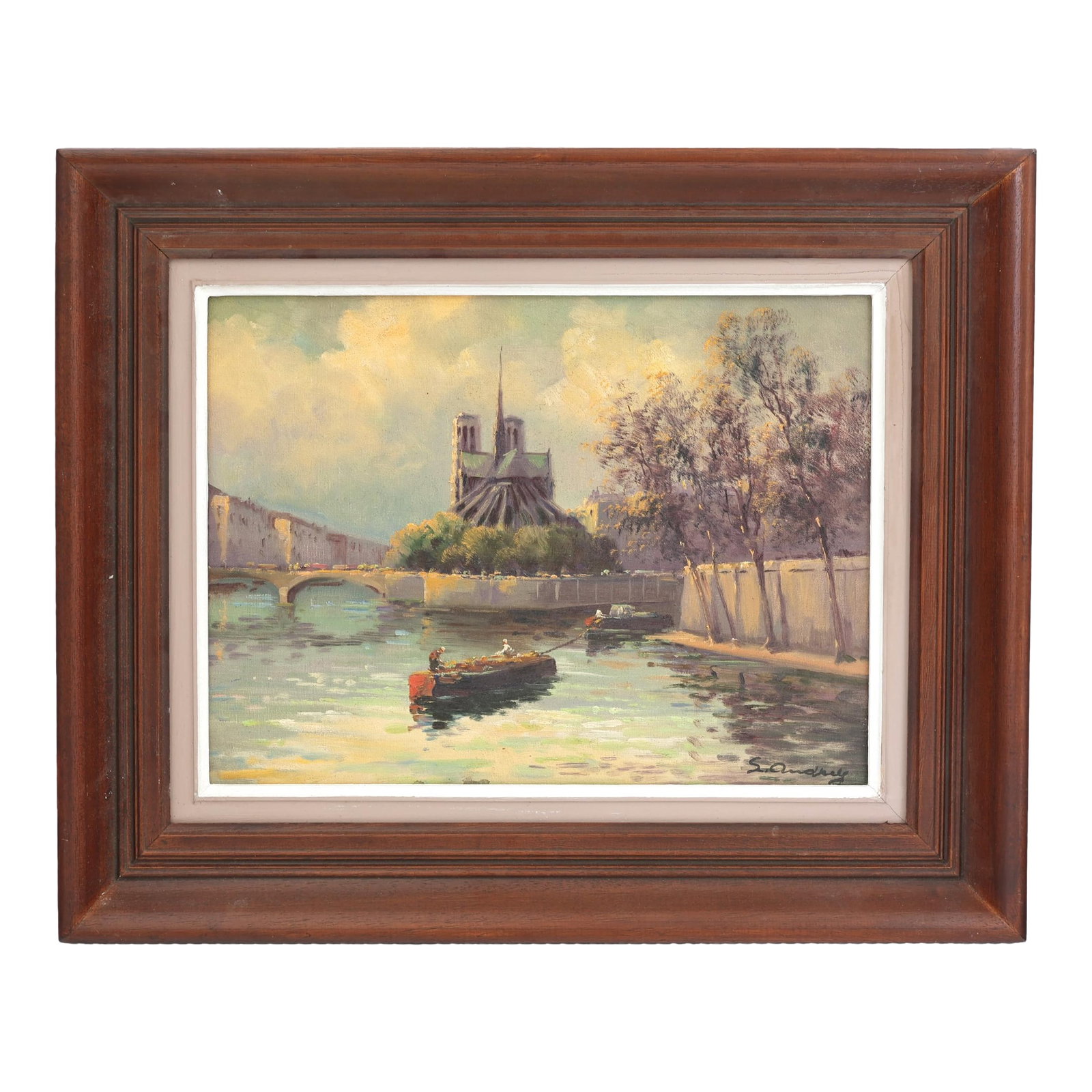 French Oil on Canvas, Paris, Notre Dame: Mid 20th century French oil on canvas depicting a tranquil Parisian view of Notre Dame along the Seine. Painted in a soft impressionistic manner, the composition captures warm reflected light on the
