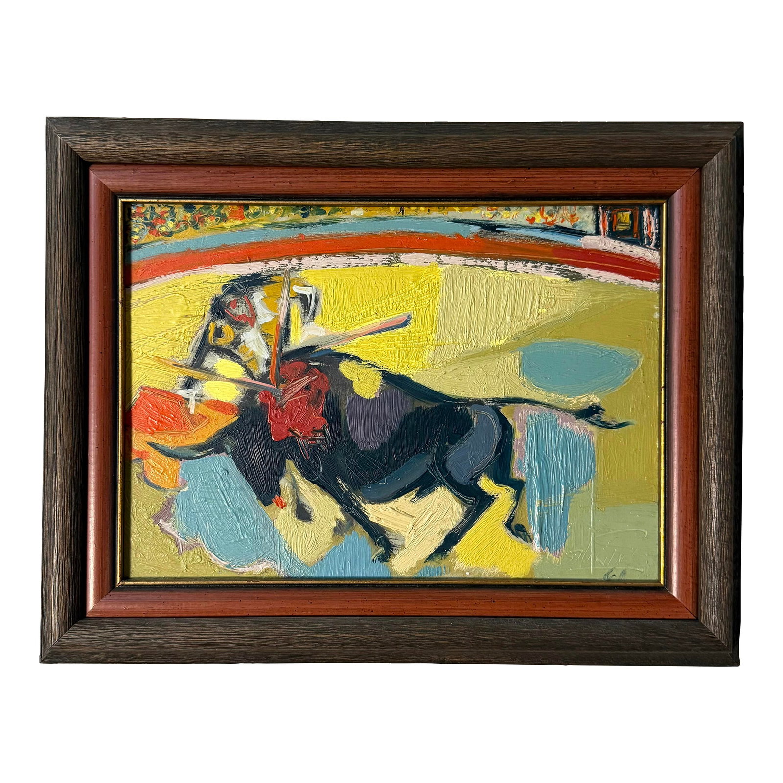 Petite Mid Century Abstract Bull Fighting Painting: Petite framed Mid-Century Modern abstract acrylic painting depicting a matador clashing with a bull in the ring. The painting features brushstrokes of vibrant colors that capture the frenzied