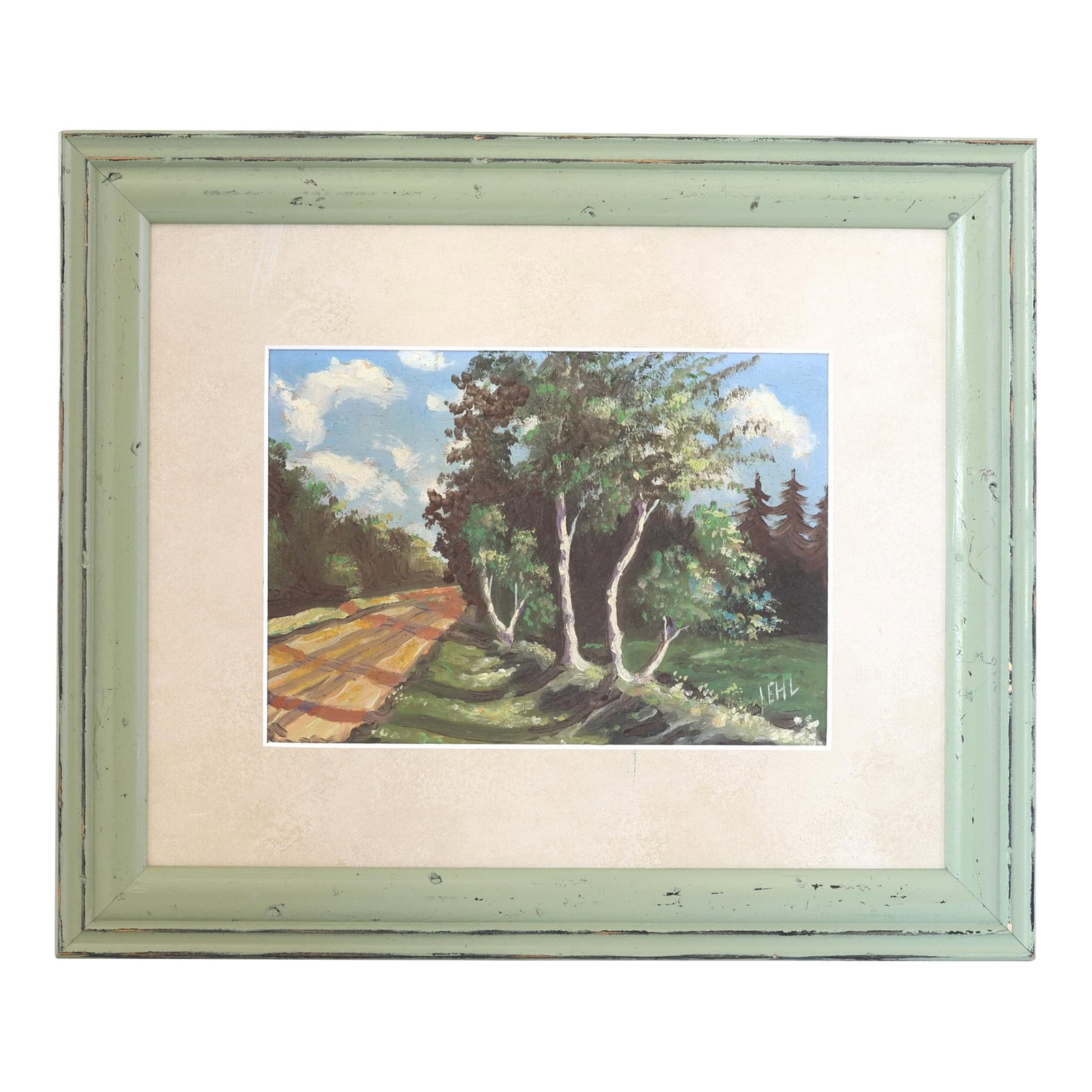 Vintage French Countryside Painting: Expressive midcentury French oil on board landscape depicting a sunlit country lane beneath a bright sky. Newly framed and ready to display, this inviting work captures the quiet charm of the French c
