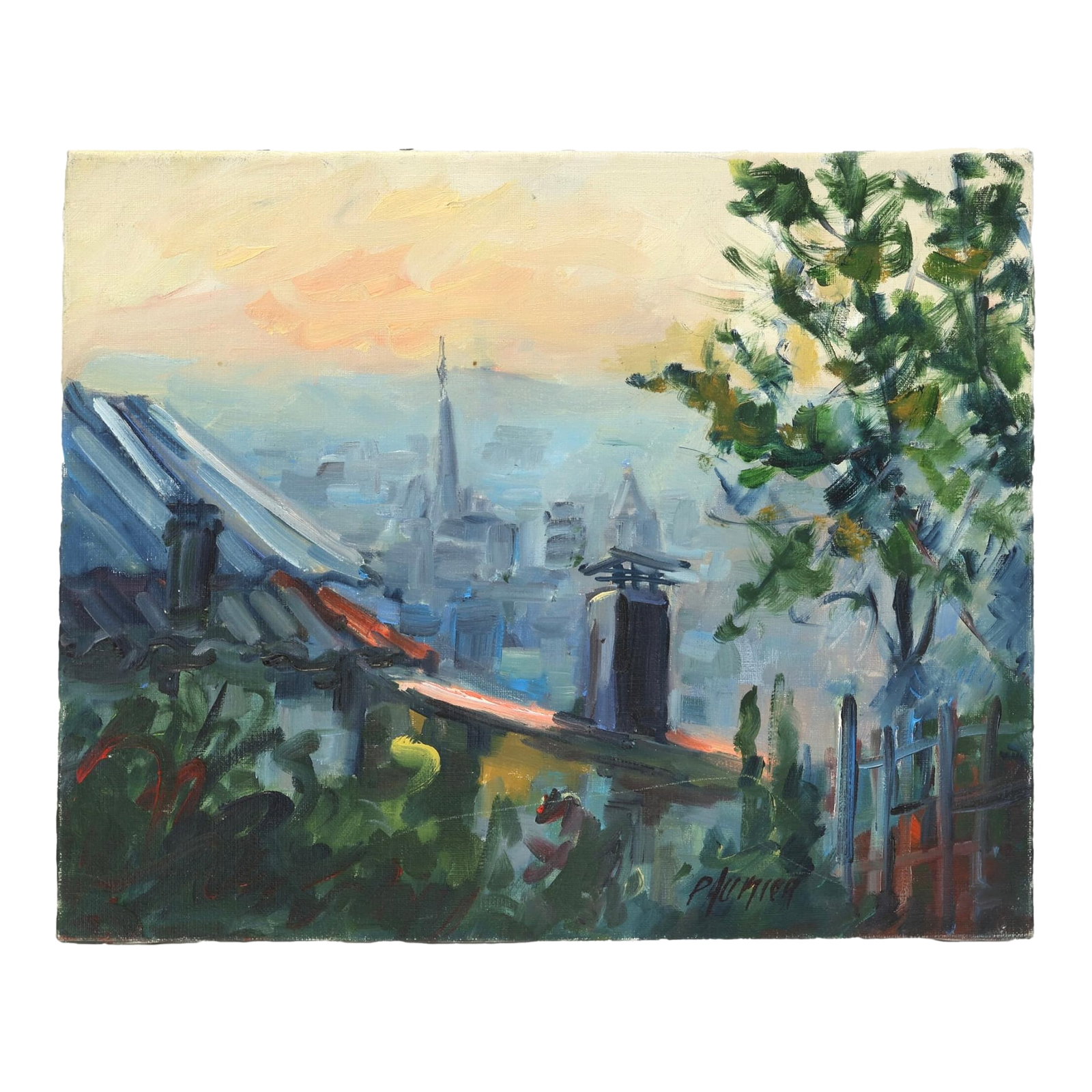 Liliane Paumier French Village Skyline Oil Painting: Original work by French artist Liliane Paumier (born 1947), a recognized Normandy painter whose landscapes, coastal scenes, village views, and floral still lifes have been exhibited throughout